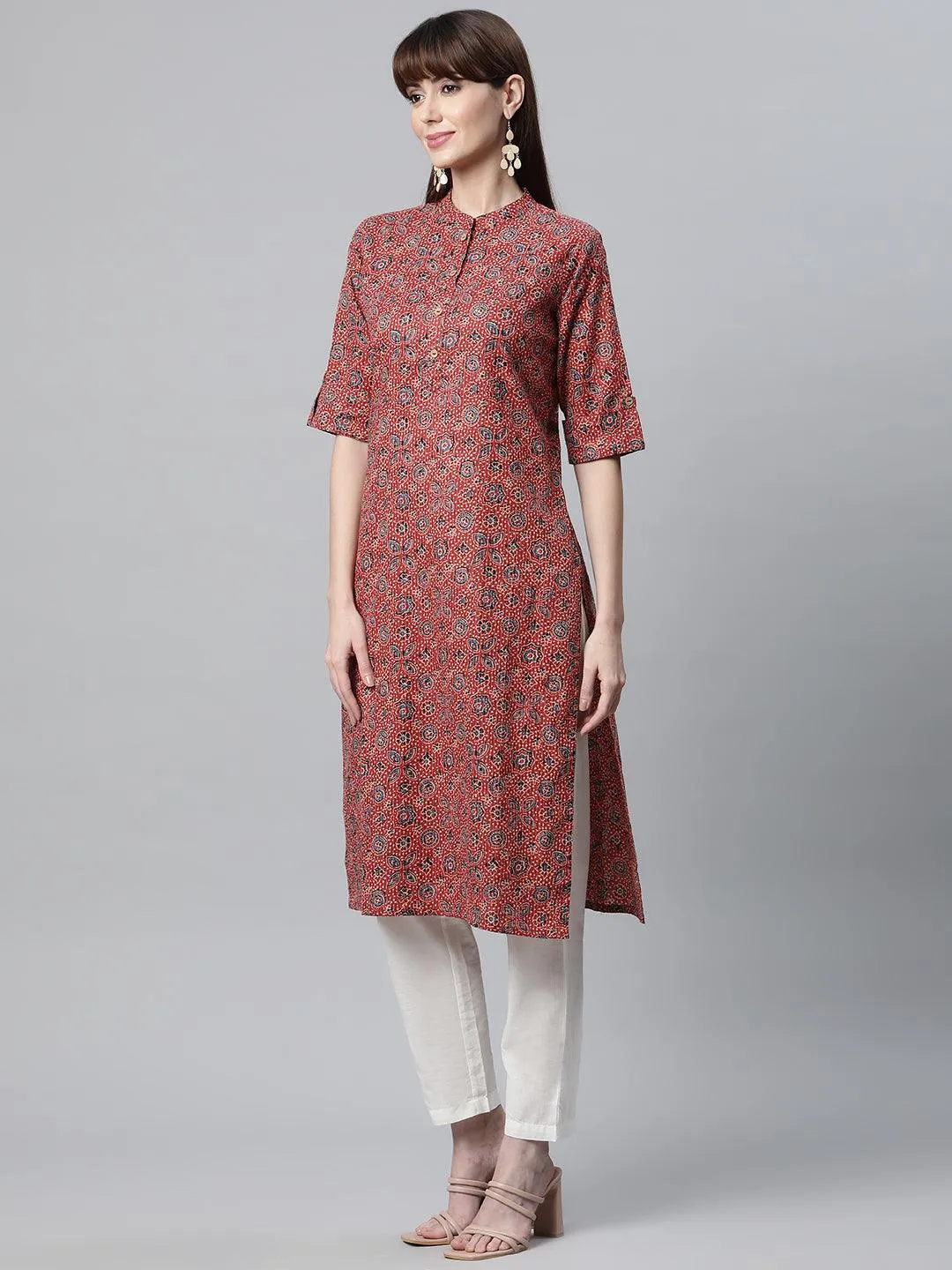 Red And Blue Cotton Straight Kurta