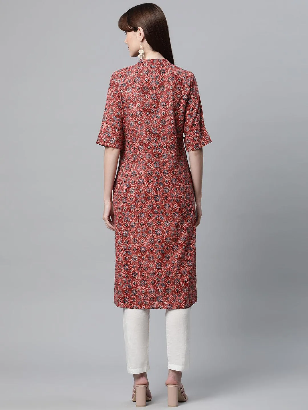 Red And Blue Cotton Straight Kurta