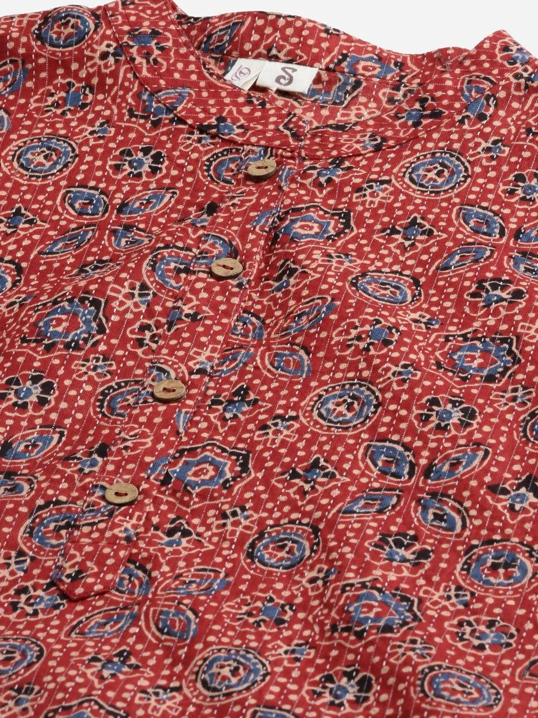Red And Blue Cotton Straight Kurta