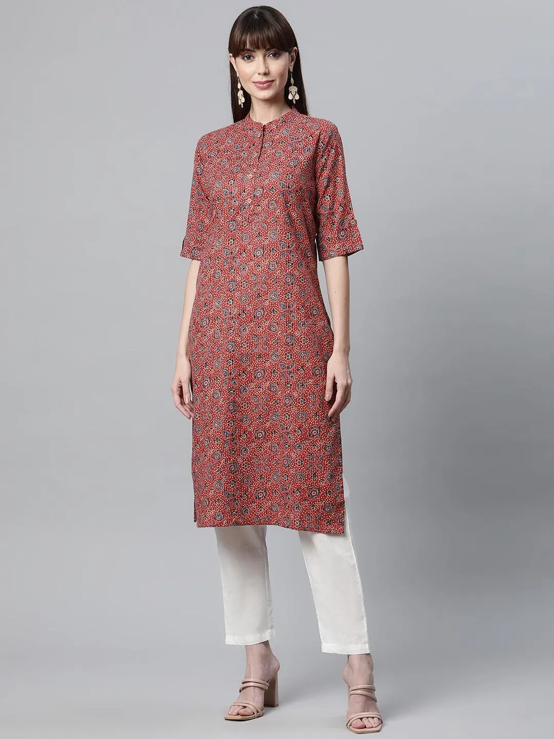 Red And Blue Cotton Straight Kurta