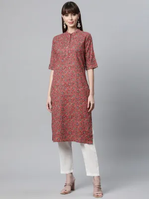 Red And Blue Cotton Straight Kurta