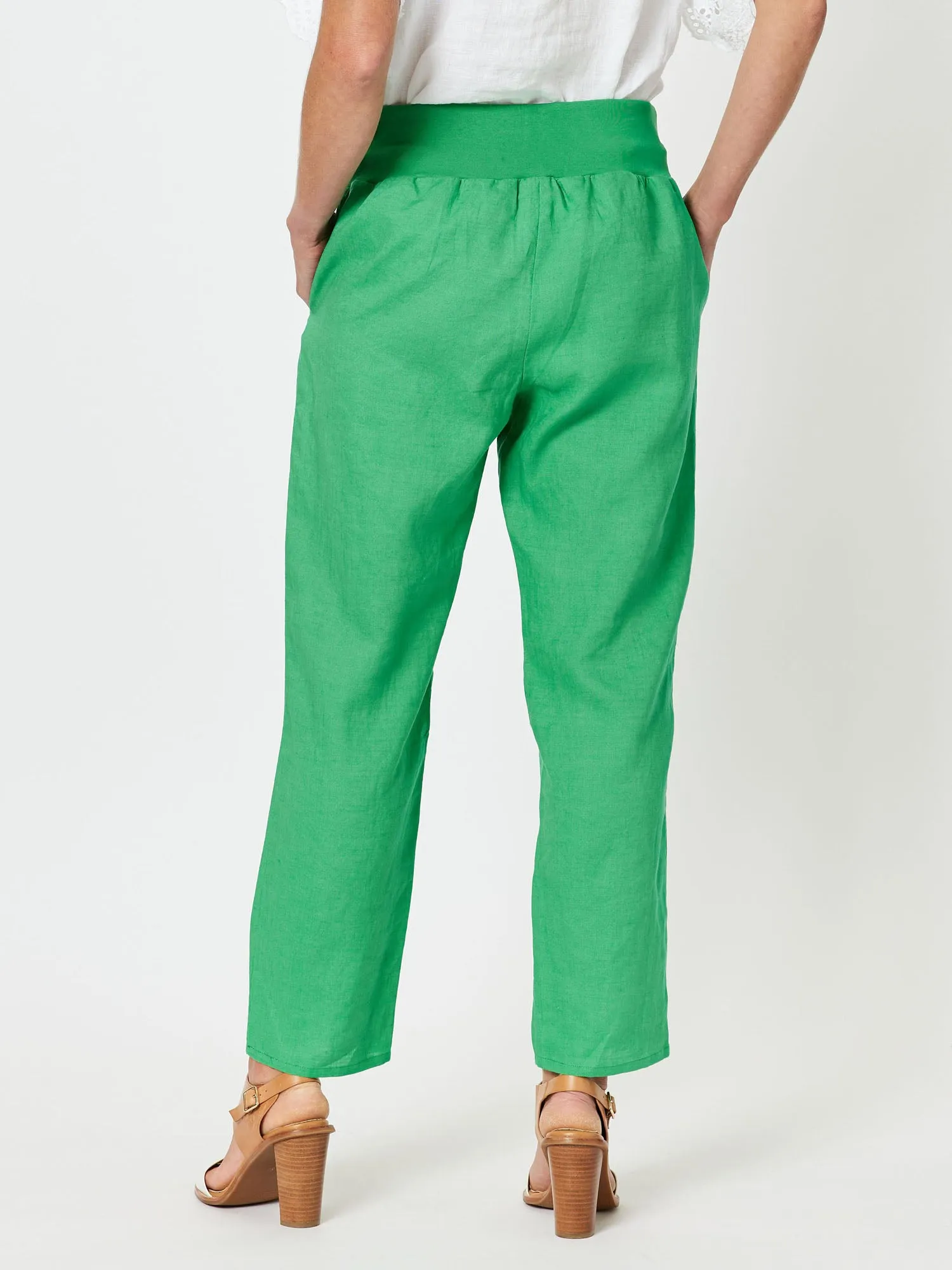 Sarah Linen Pleat Hem Pant - Emerald