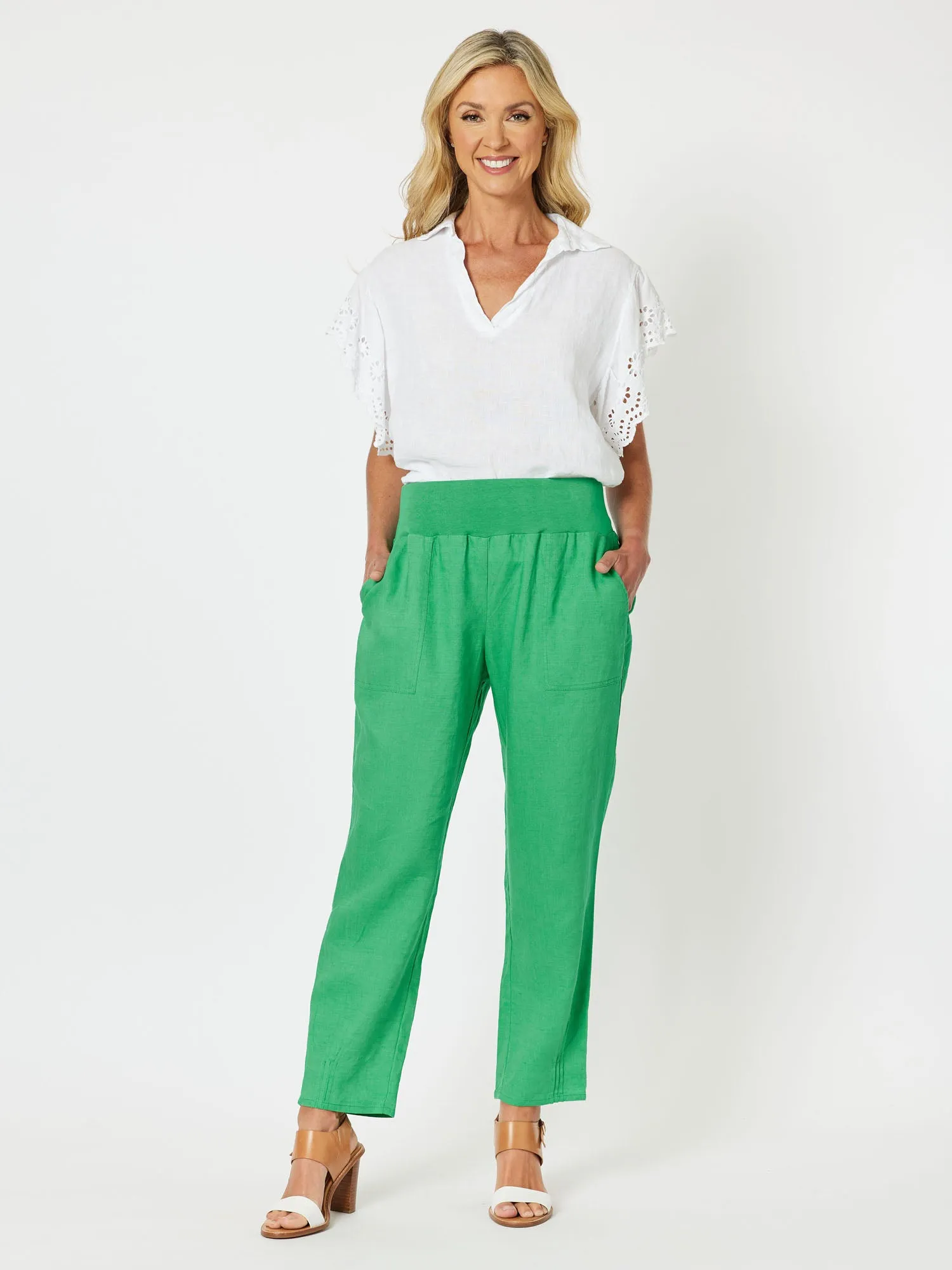 Sarah Linen Pleat Hem Pant - Emerald