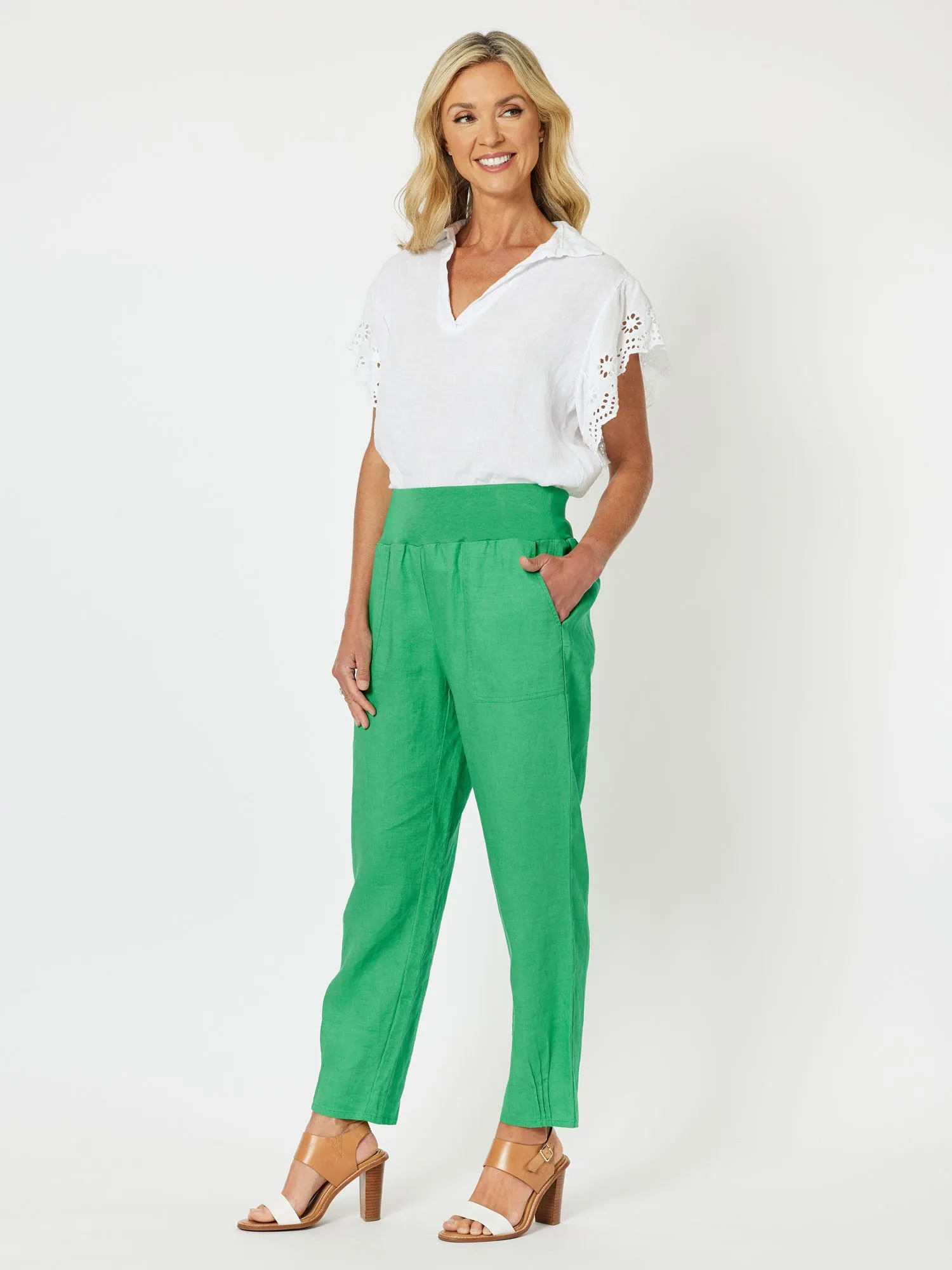 Sarah Linen Pleat Hem Pant - Emerald
