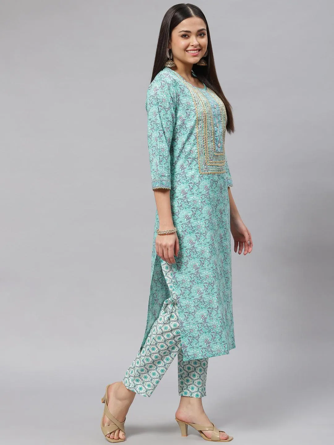 Seagreen Cotton Kurta Pant Set With Dupatta