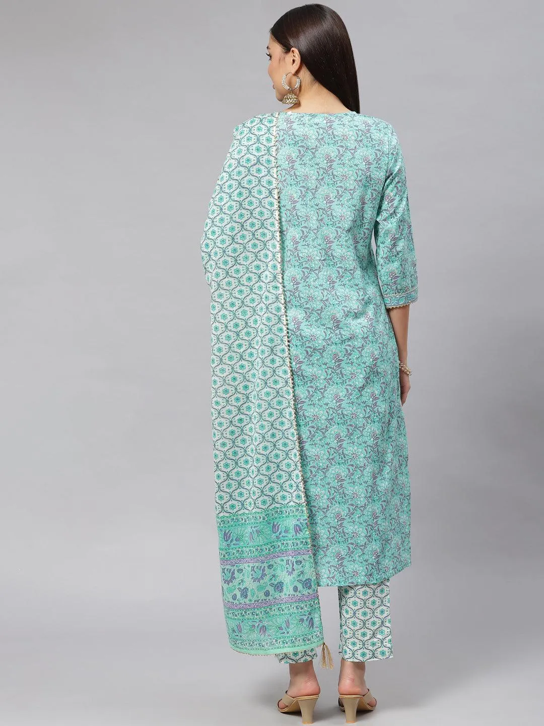Seagreen Cotton Kurta Pant Set With Dupatta