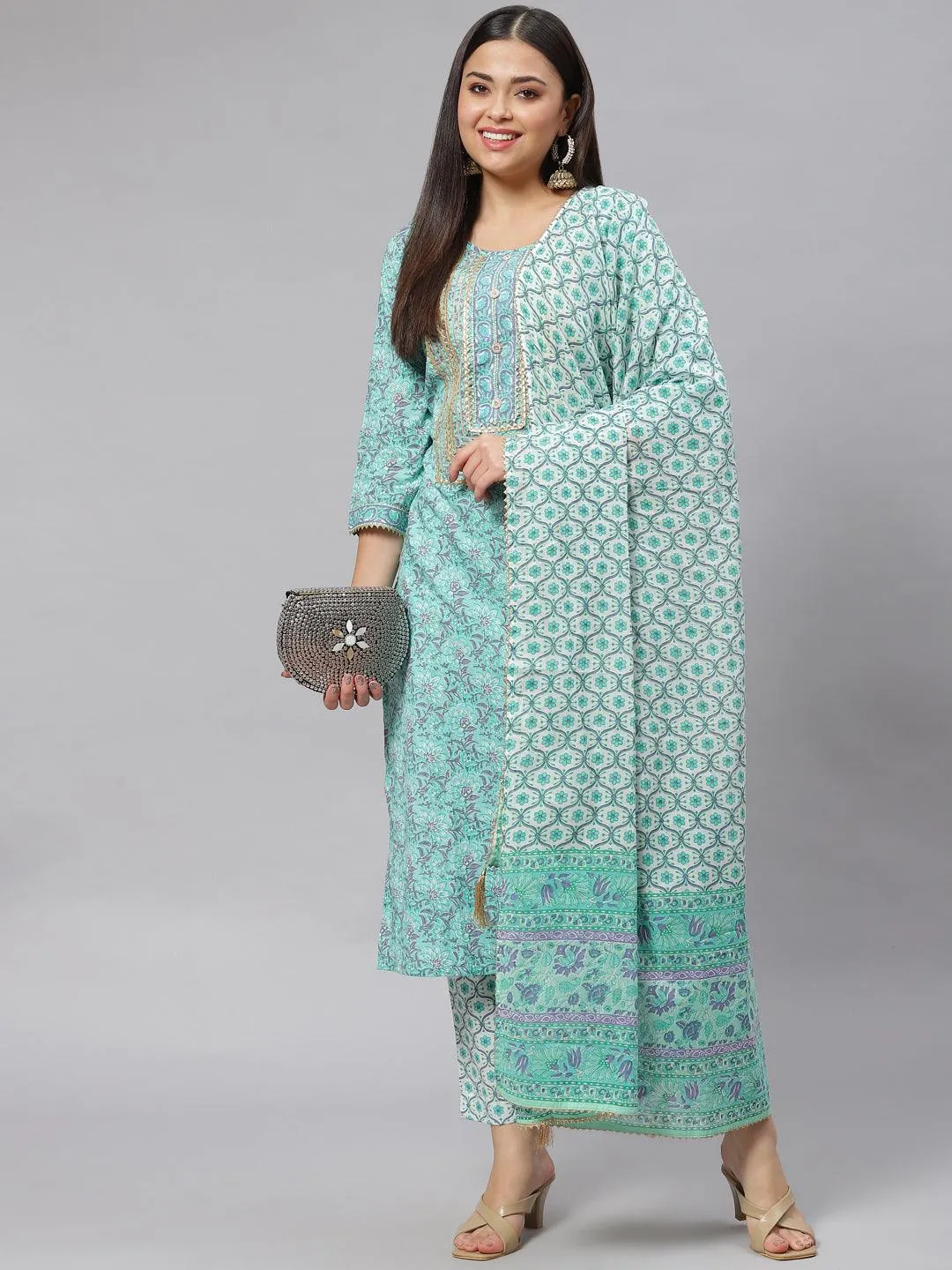 Seagreen Cotton Kurta Pant Set With Dupatta