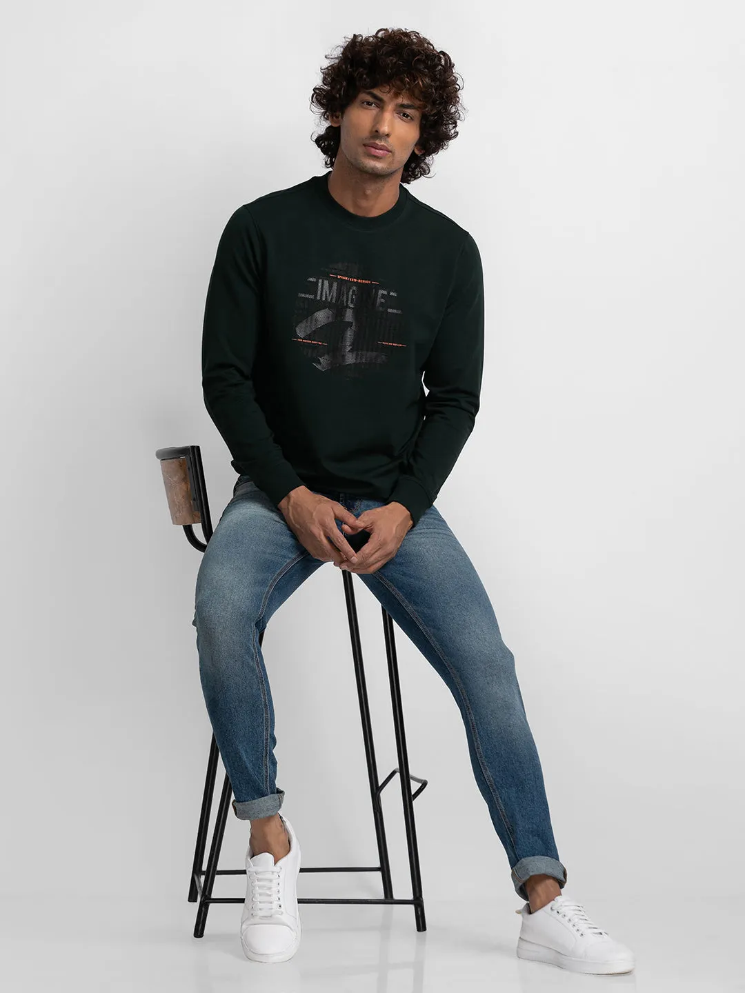 Spykar Bottle Green Cotton Full Sleeve Round Neck Sweatshirt For Men