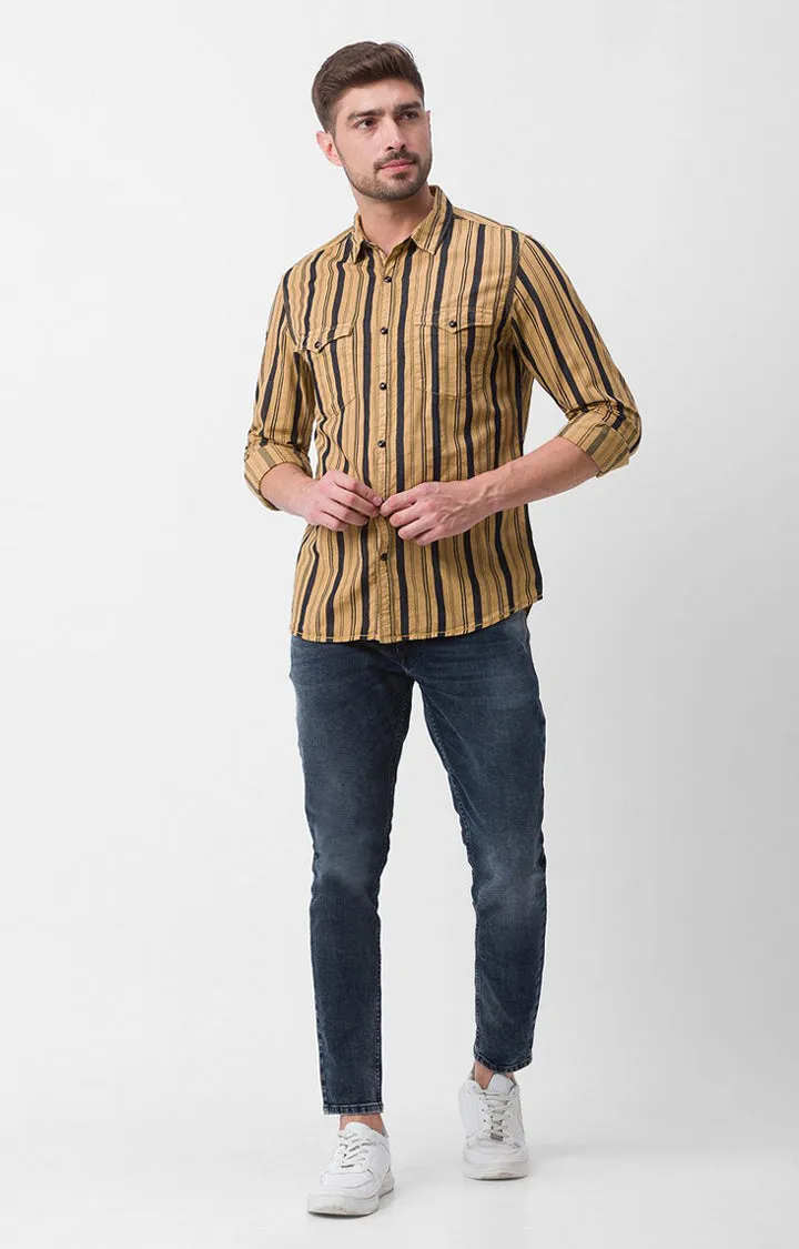 Spykar Camel Khaki Cotton Full Sleeve Stripes Shirt For Men