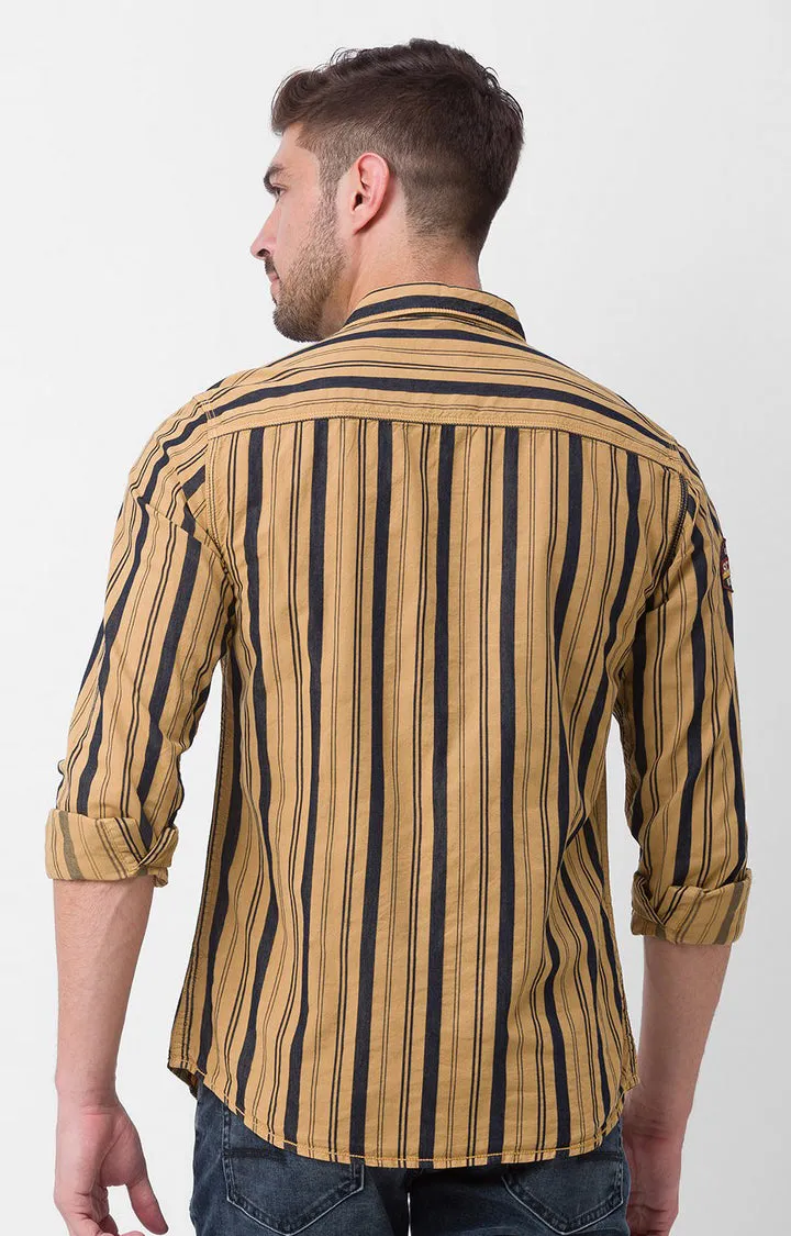 Spykar Camel Khaki Cotton Full Sleeve Stripes Shirt For Men