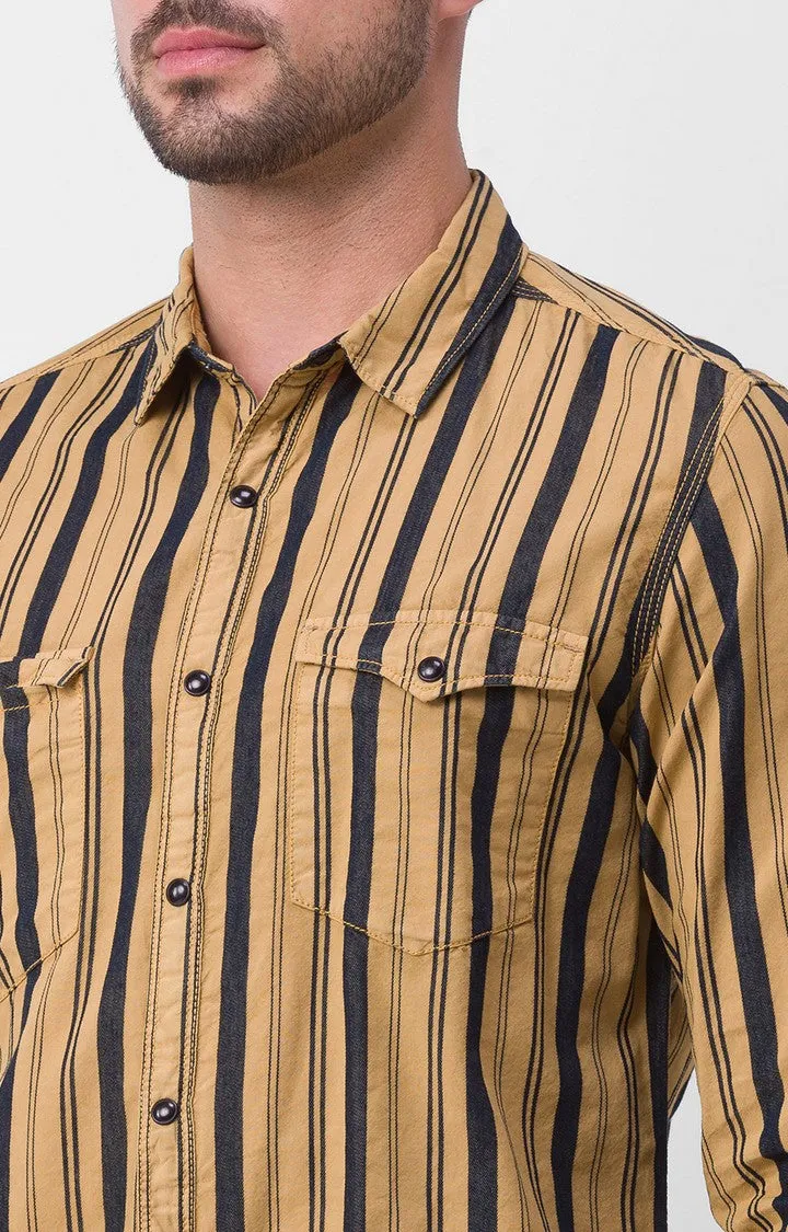 Spykar Camel Khaki Cotton Full Sleeve Stripes Shirt For Men