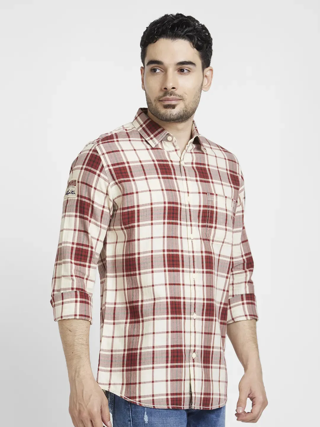 Spykar Men Brick Red Cotton Regular Slim Fit Full Sleeve Checkered Shirt