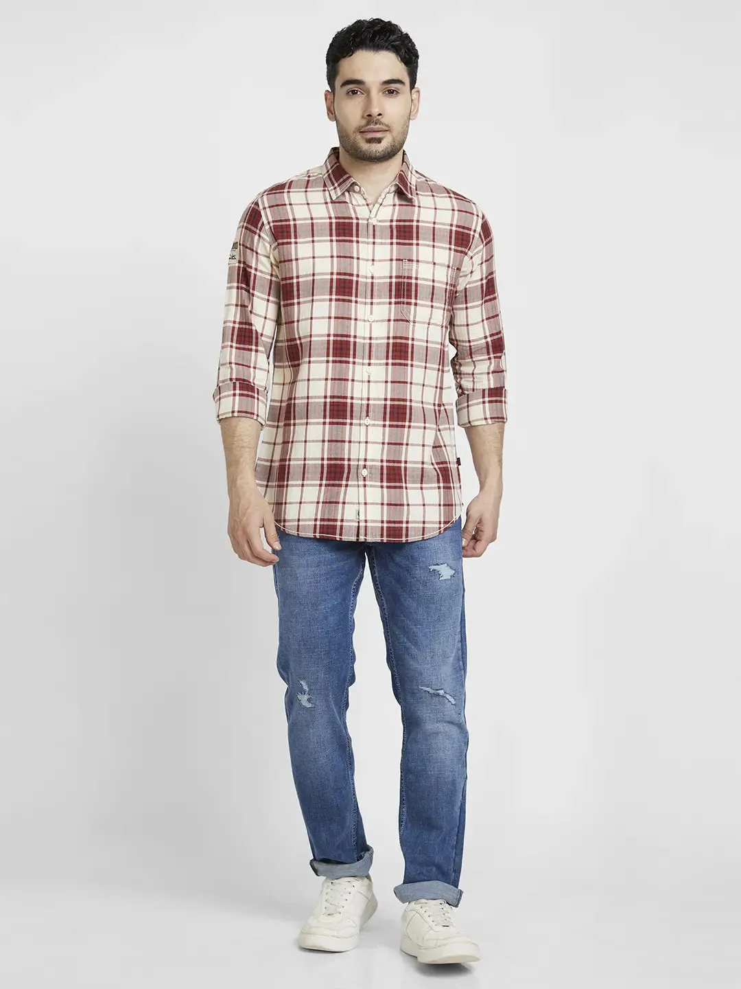 Spykar Men Brick Red Cotton Regular Slim Fit Full Sleeve Checkered Shirt