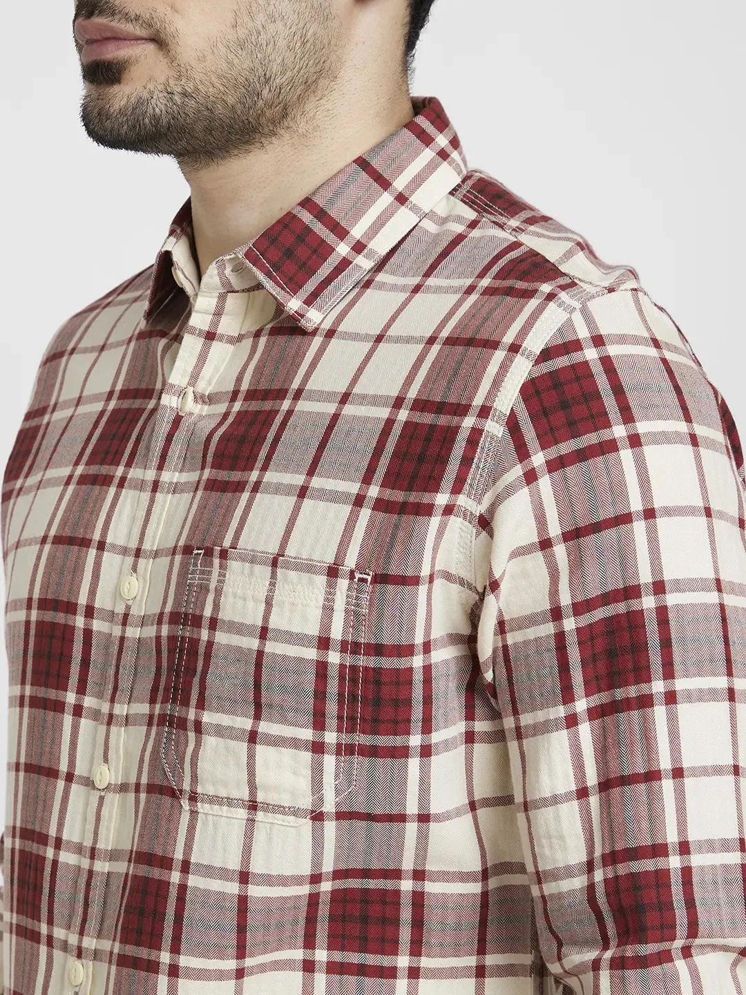 Spykar Men Brick Red Cotton Regular Slim Fit Full Sleeve Checkered Shirt