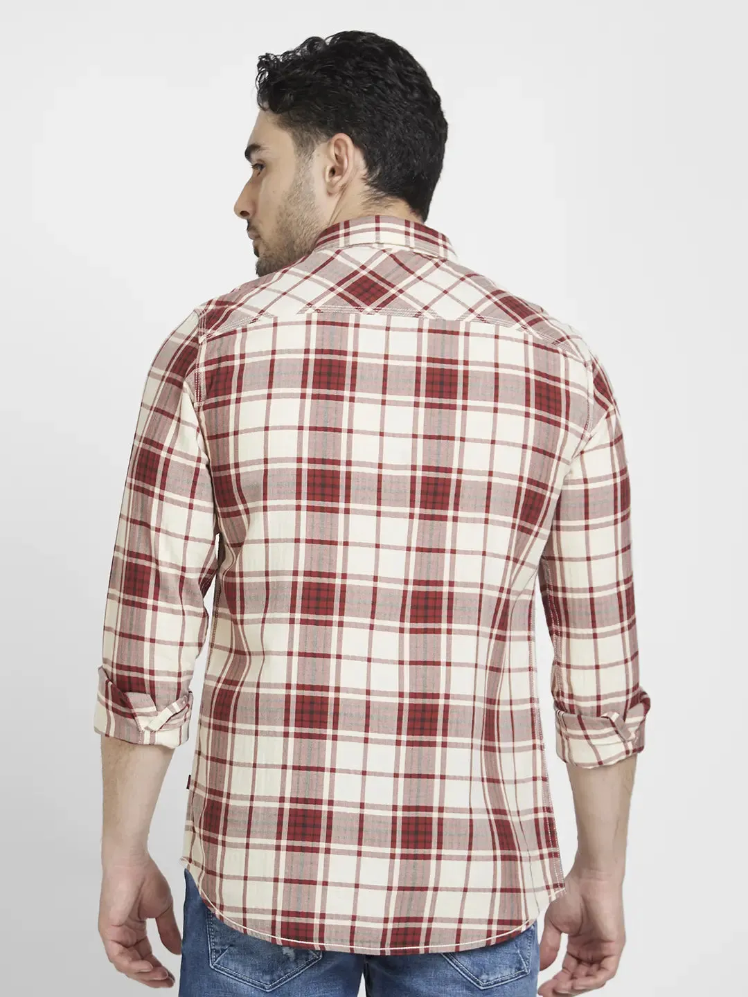 Spykar Men Brick Red Cotton Regular Slim Fit Full Sleeve Checkered Shirt