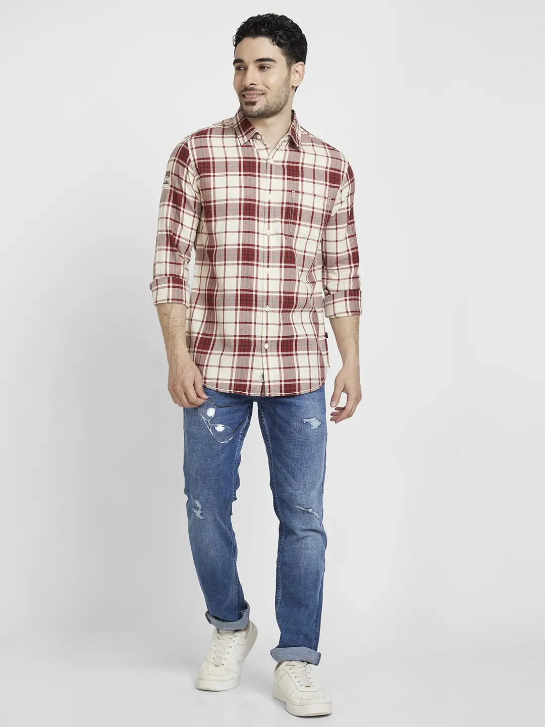 Spykar Men Brick Red Cotton Regular Slim Fit Full Sleeve Checkered Shirt