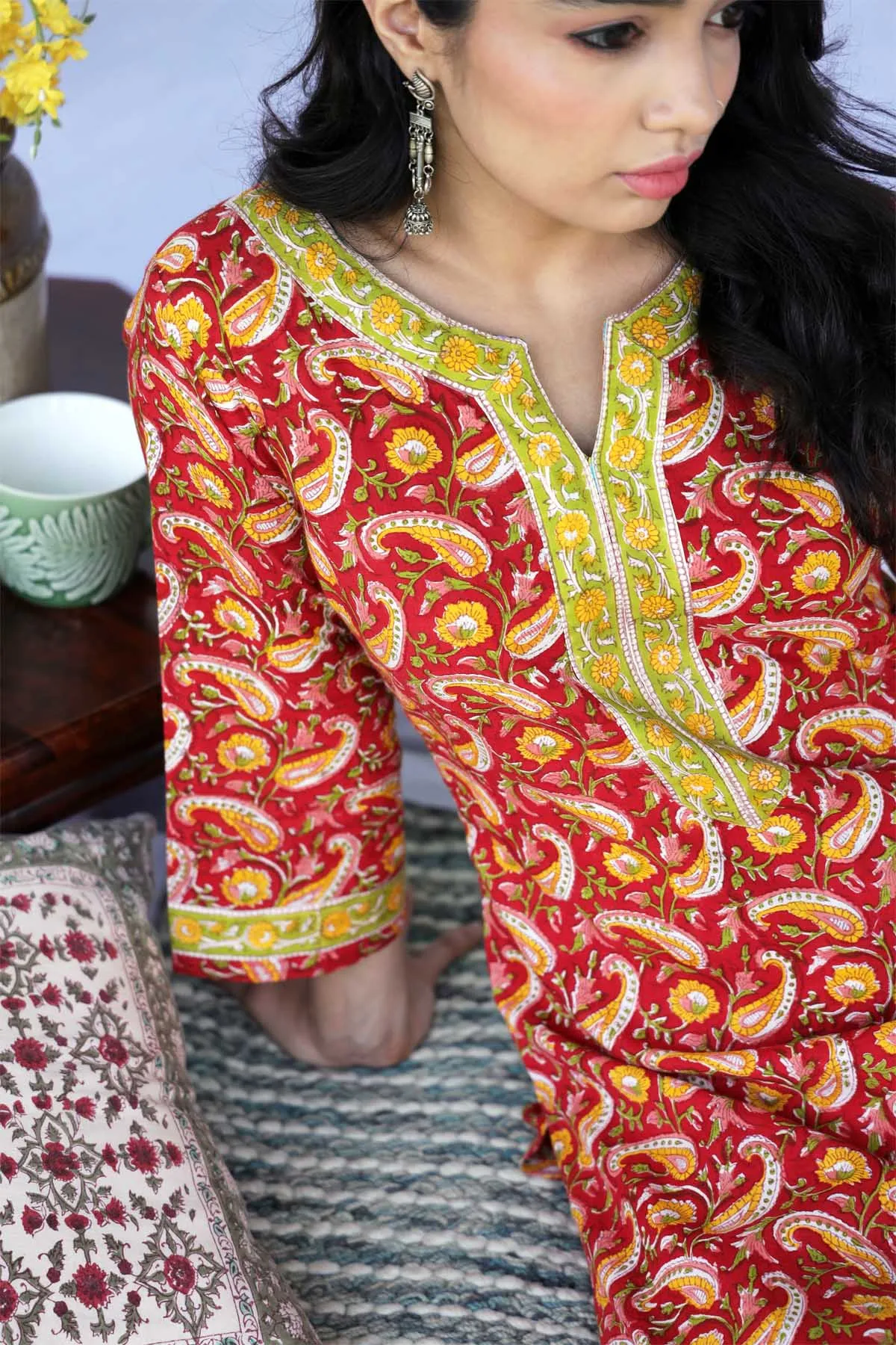 Straight Fit Hand Block Printed Kurta In Deep Red Color
