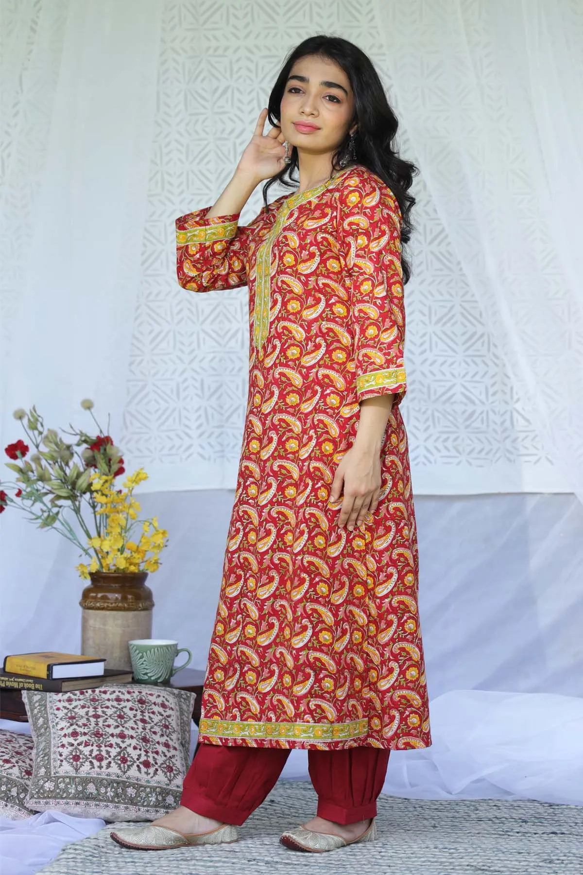 Straight Fit Hand Block Printed Kurta In Deep Red Color