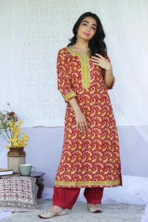 Straight Fit Hand Block Printed Kurta In Deep Red Color