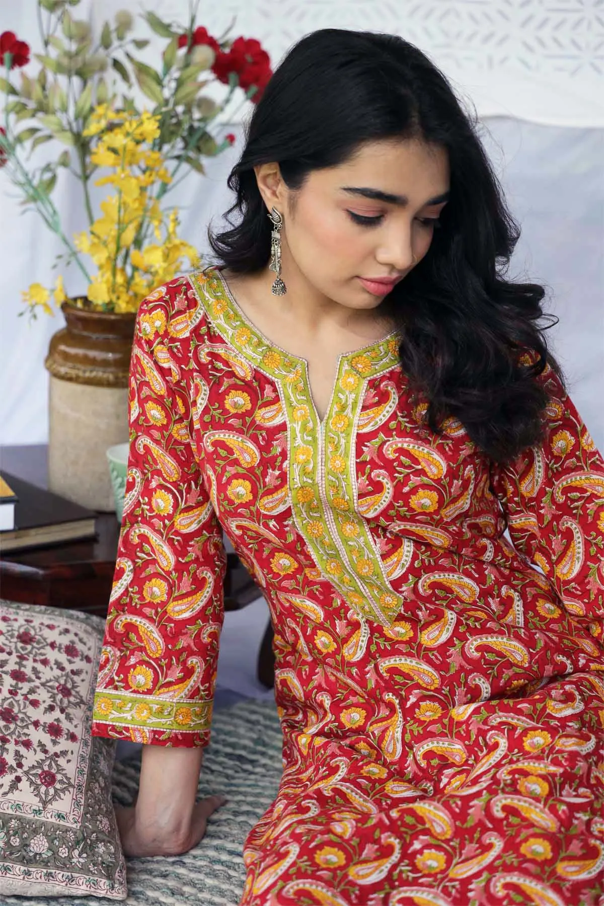 Straight Fit Hand Block Printed Kurta In Deep Red Color