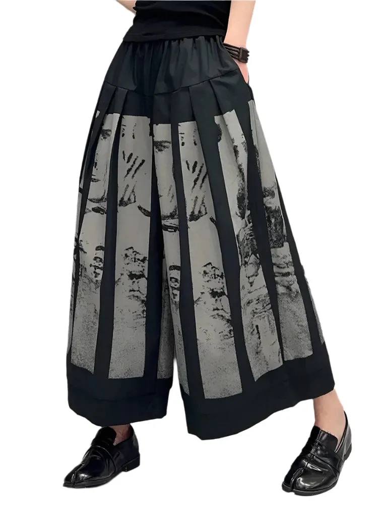 TEEK - Elastic Waist Illustration Wide Leg Cropped Pants