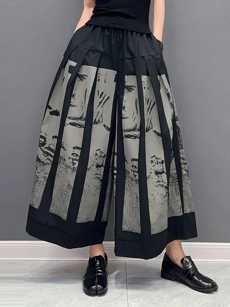TEEK - Elastic Waist Illustration Wide Leg Cropped Pants