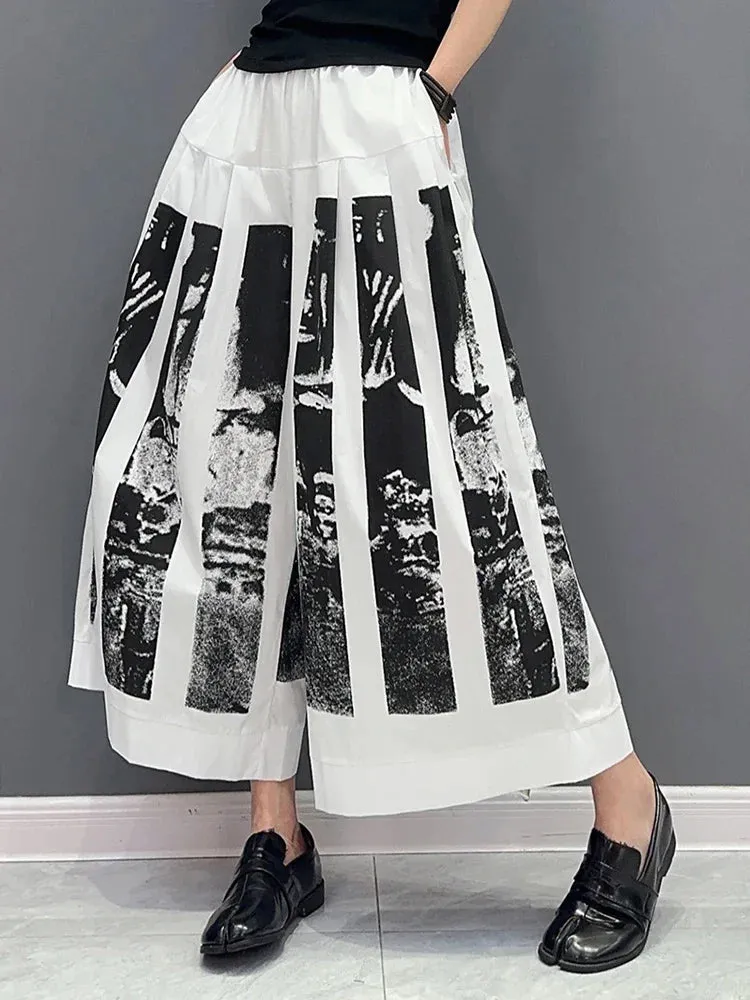 TEEK - Elastic Waist Illustration Wide Leg Cropped Pants