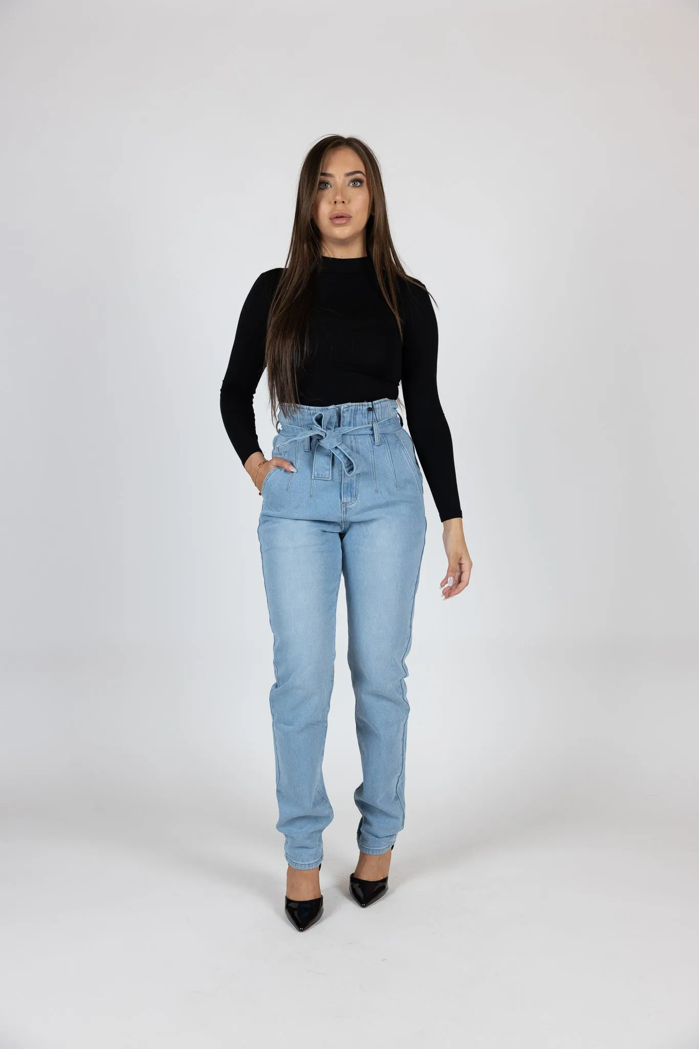 Tie Waist Denim Jeans High Rise