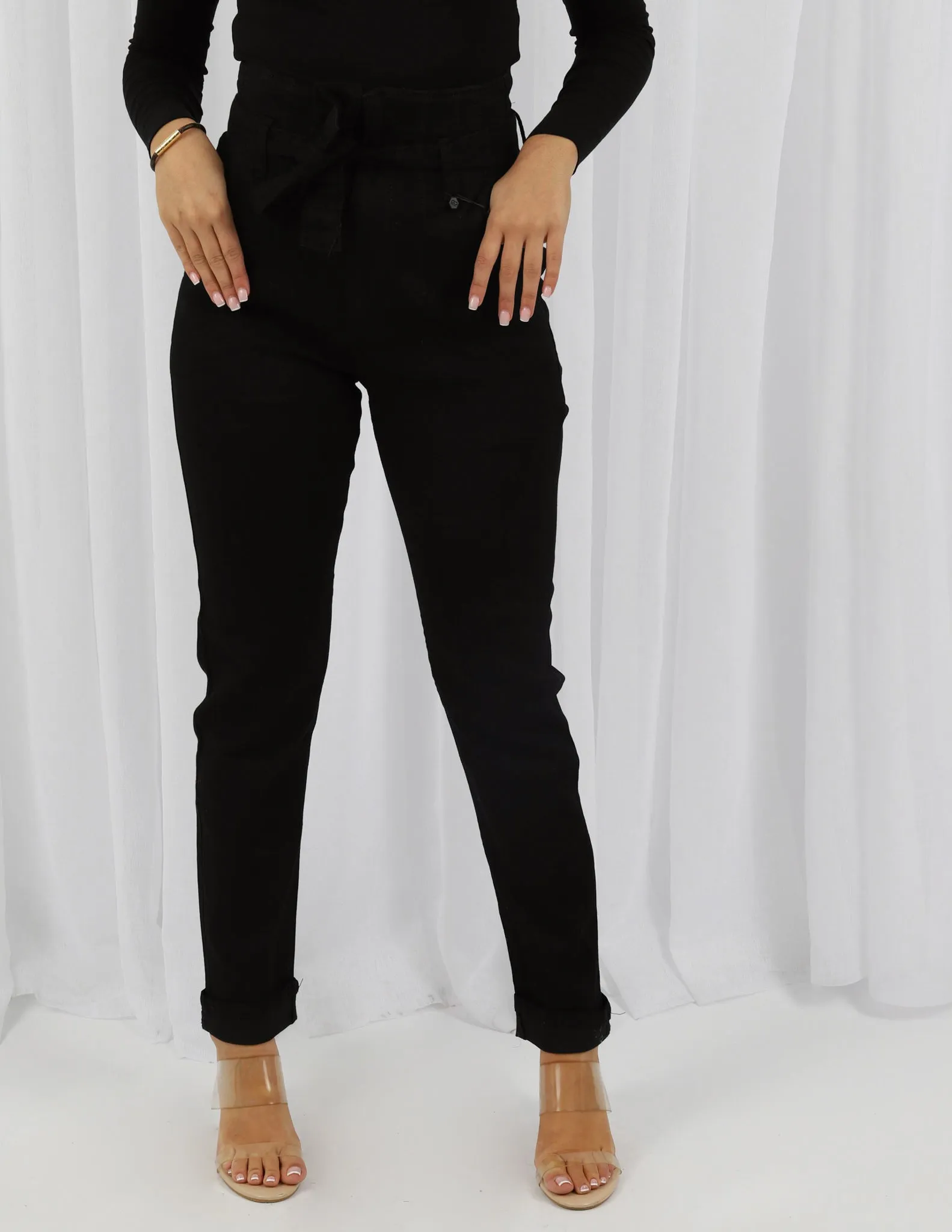 Tie Waist Denim Jeans High Rise