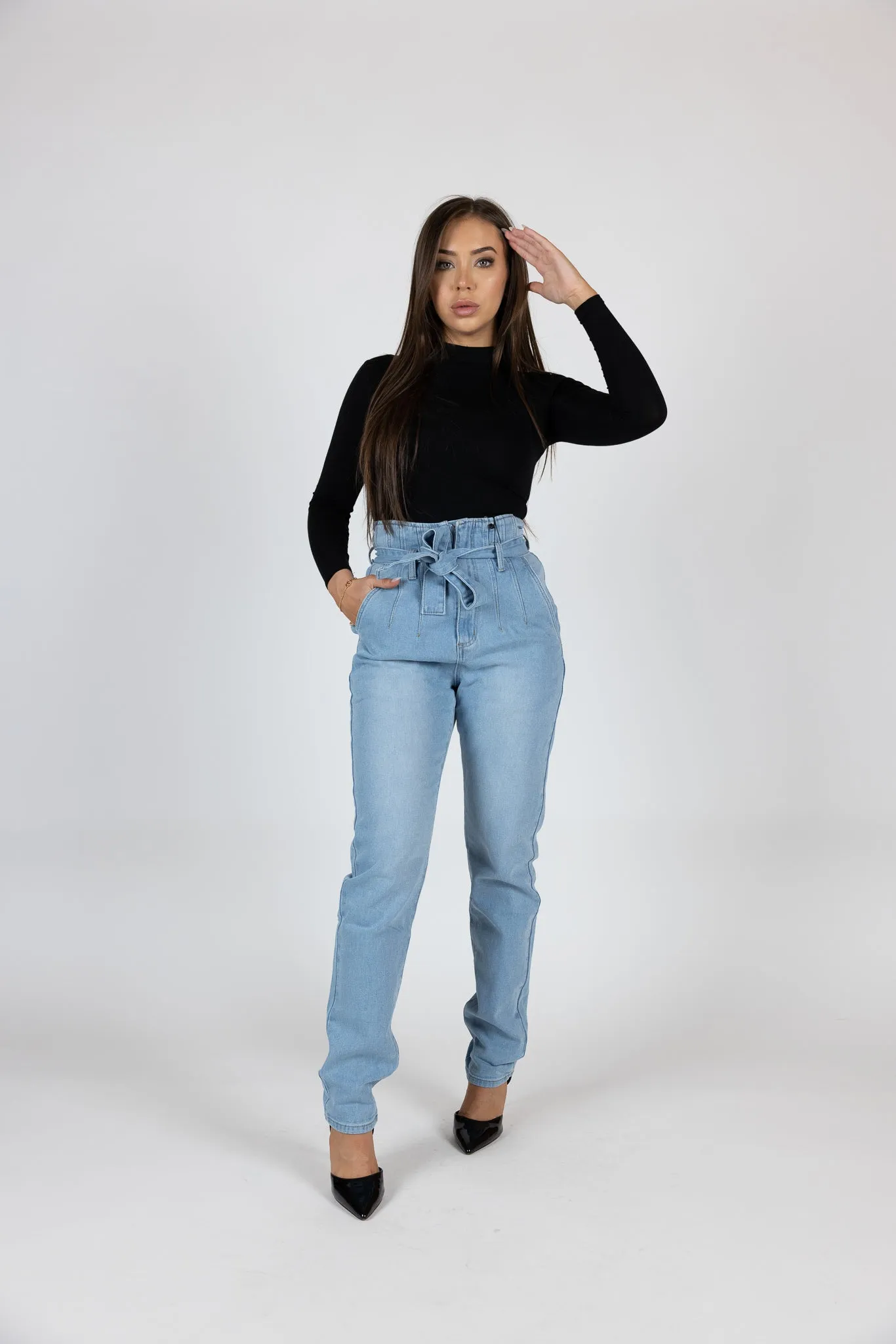 Tie Waist Denim Jeans High Rise