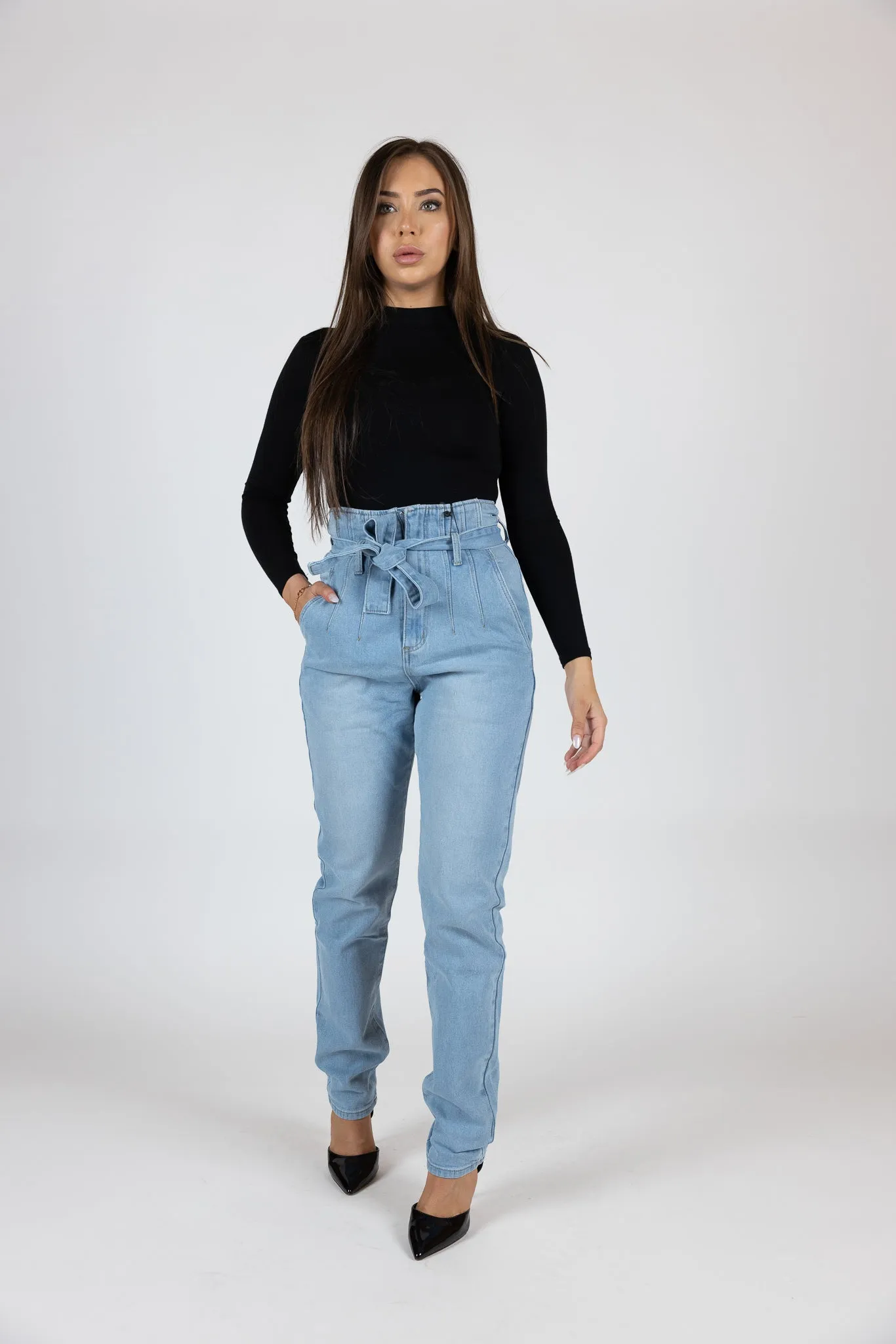 Tie Waist Denim Jeans High Rise