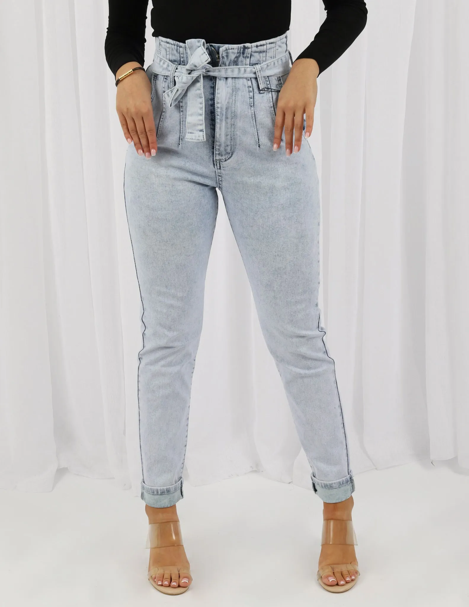 Tie Waist Denim Jeans High Rise