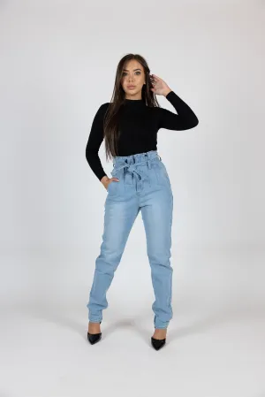 Tie Waist Denim Jeans High Rise