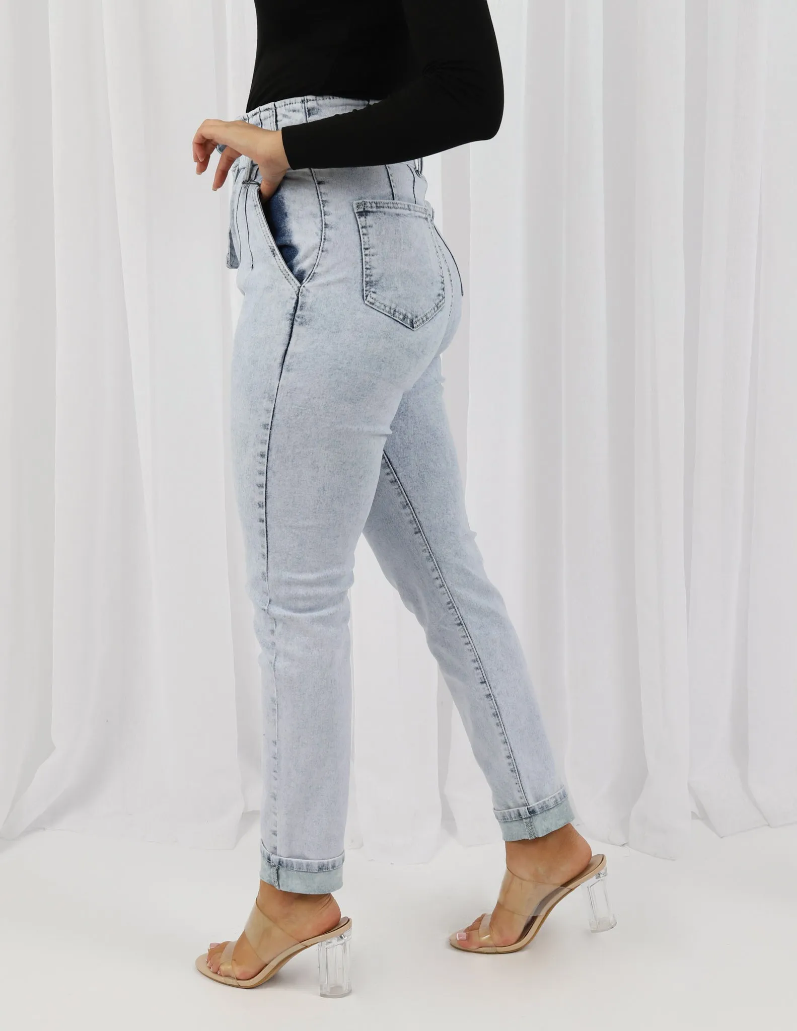 Tie Waist Denim Jeans High Rise