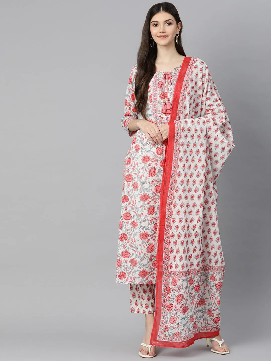 White Floral Printed Kurta Pant Set With Dupatta