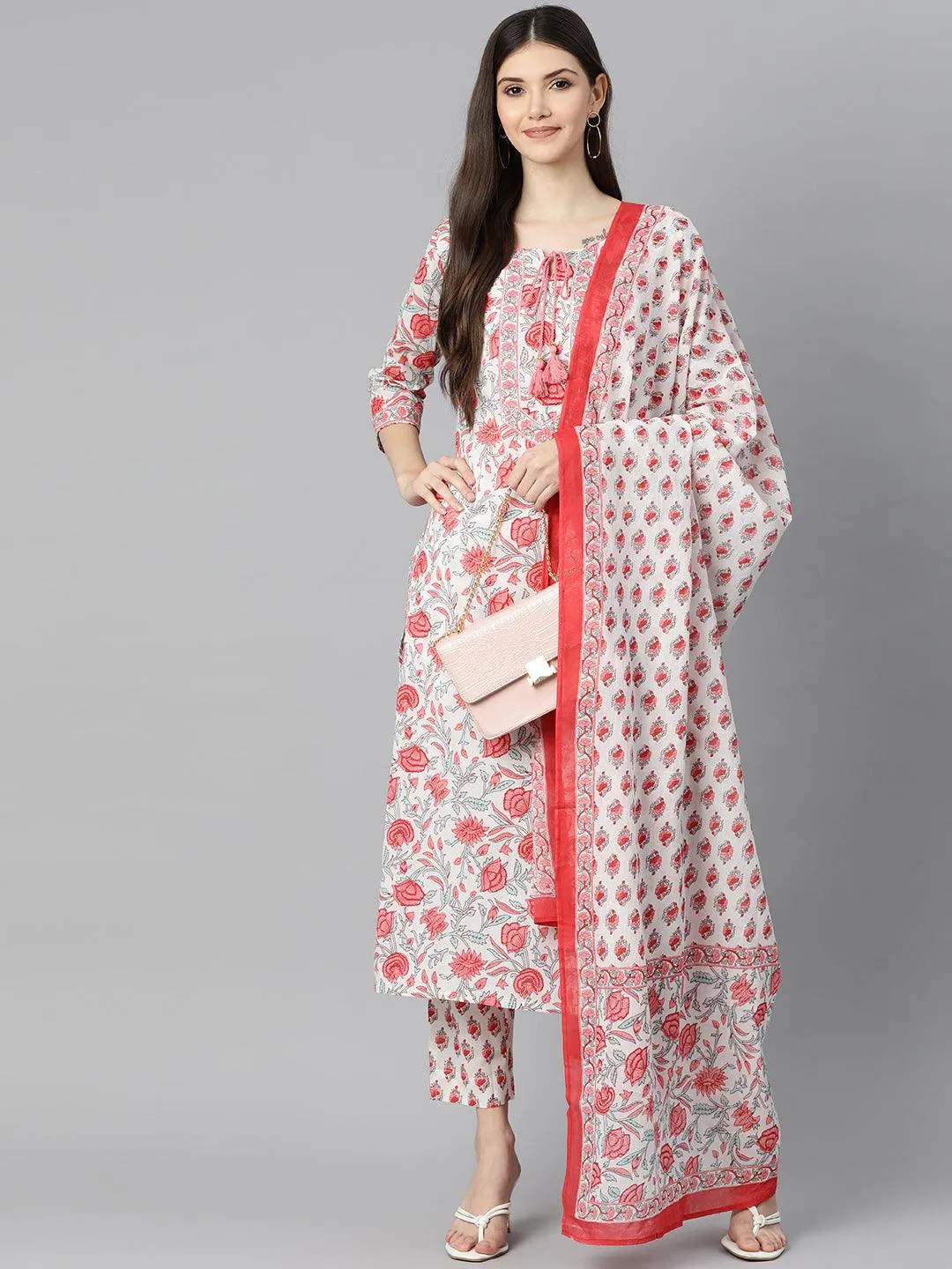 White Floral Printed Kurta Pant Set With Dupatta