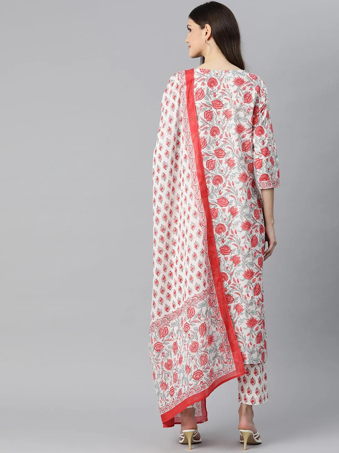 White Floral Printed Kurta Pant Set With Dupatta
