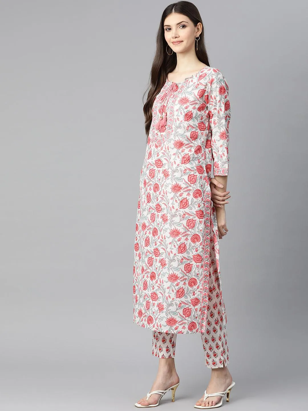 White Floral Printed Kurta Pant Set With Dupatta