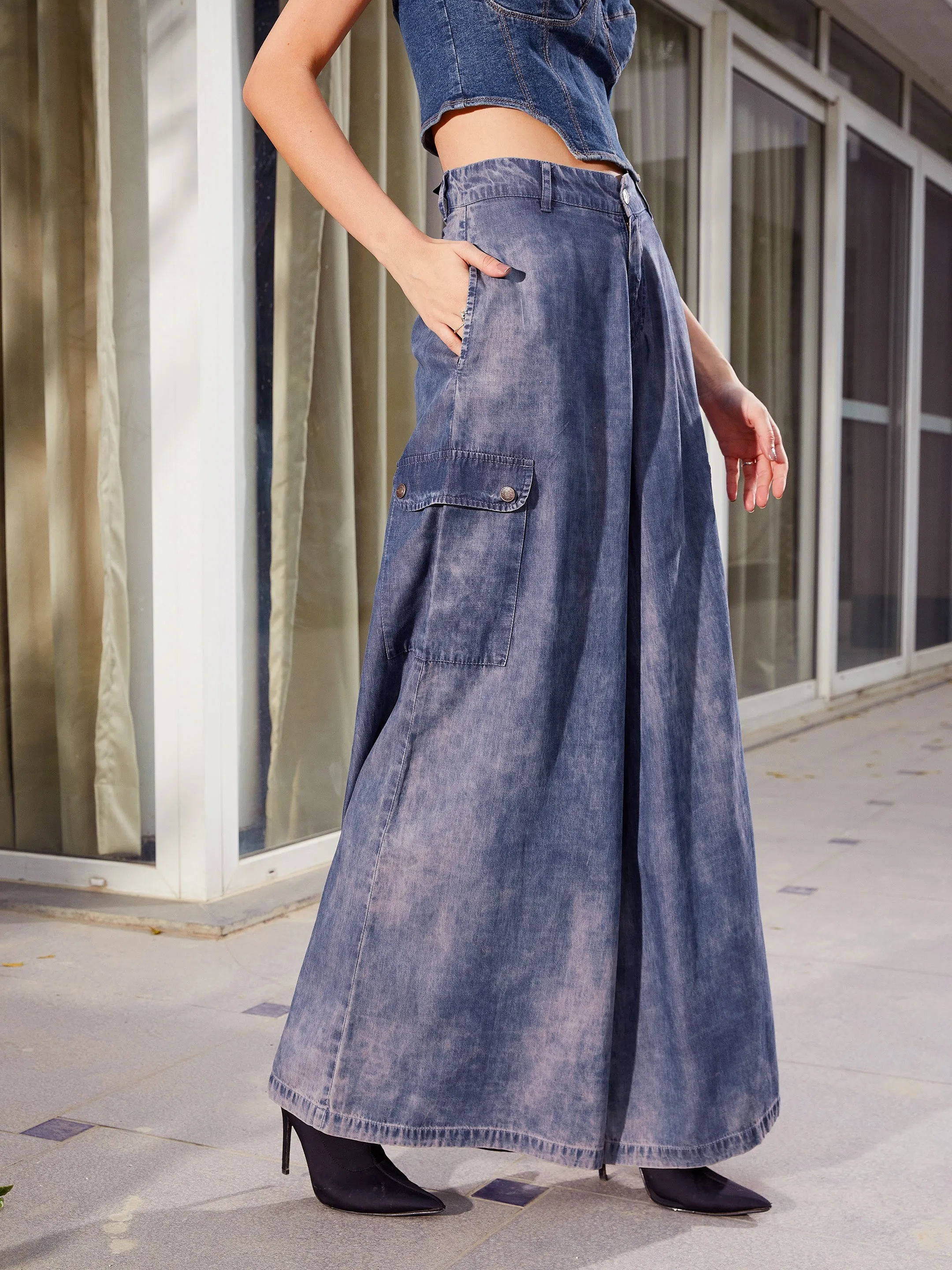 Women Blue Acid Wash Tencel Wide Leg Pants
