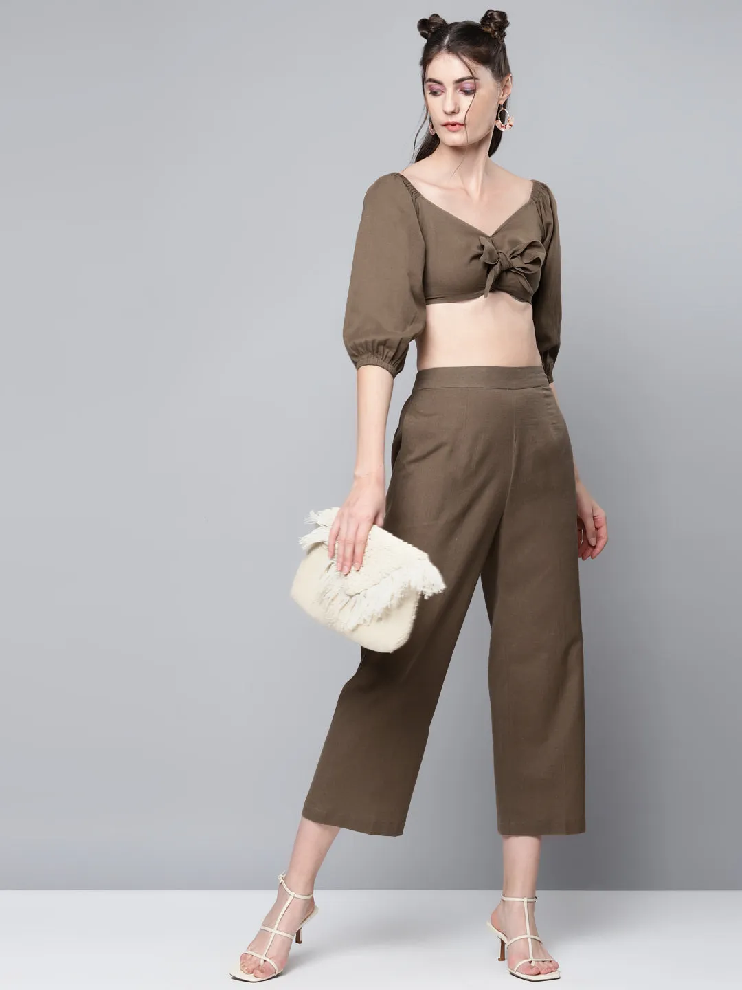 Women Brown Cotton Linen Straight Pants