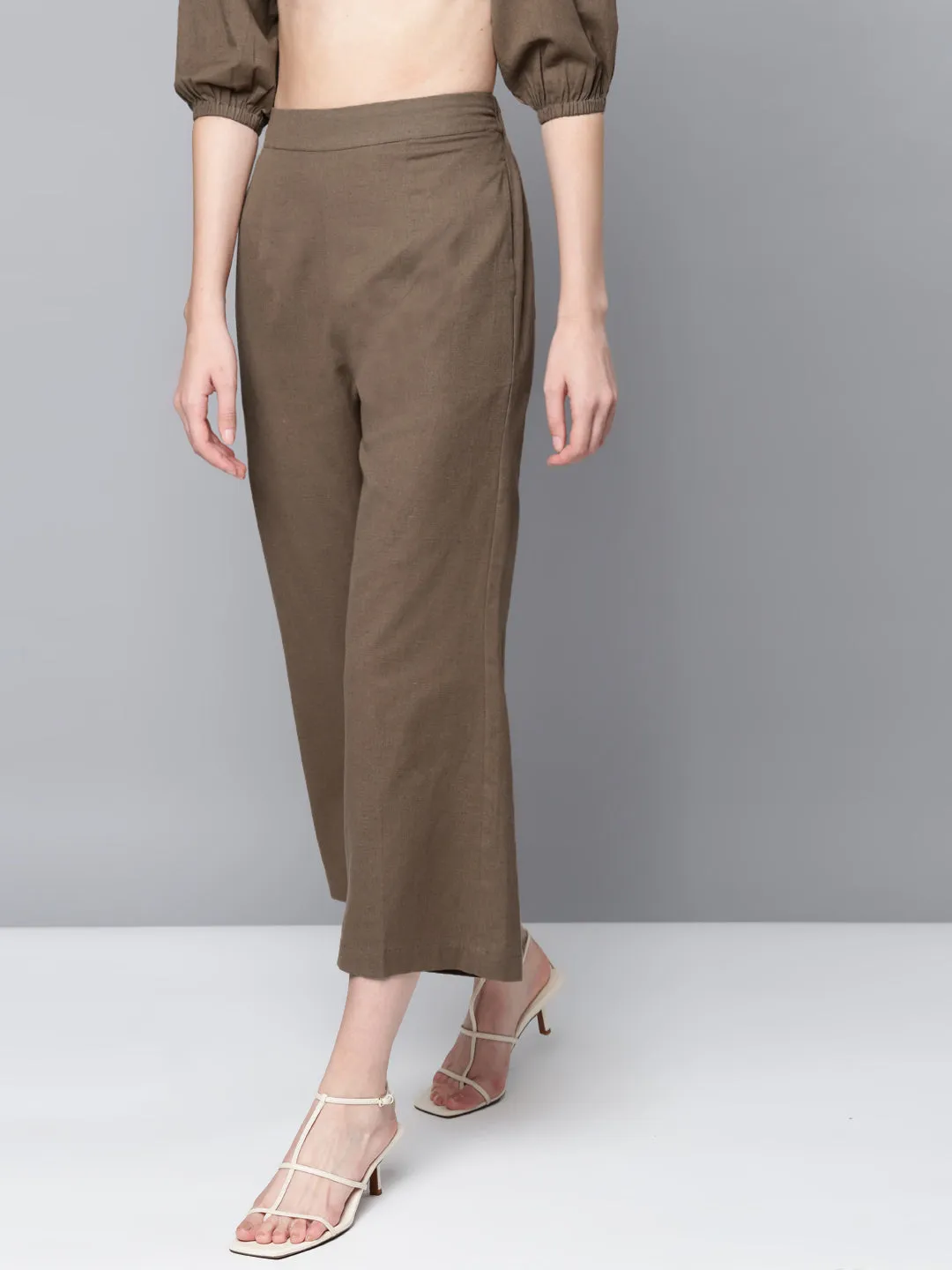 Women Brown Cotton Linen Straight Pants