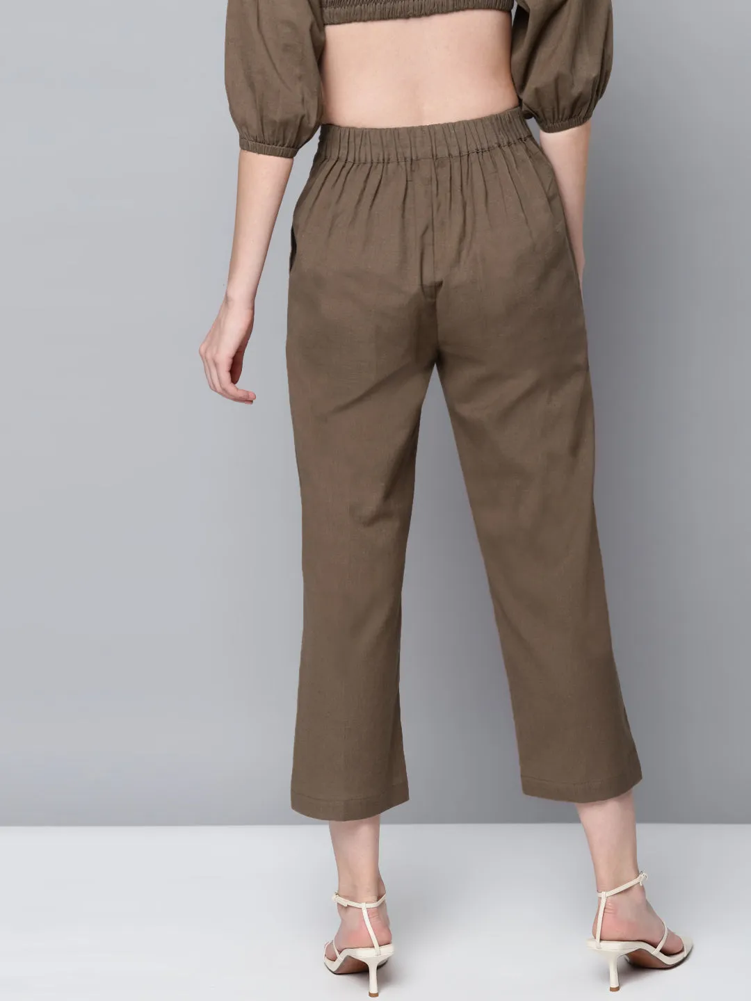 Women Brown Cotton Linen Straight Pants