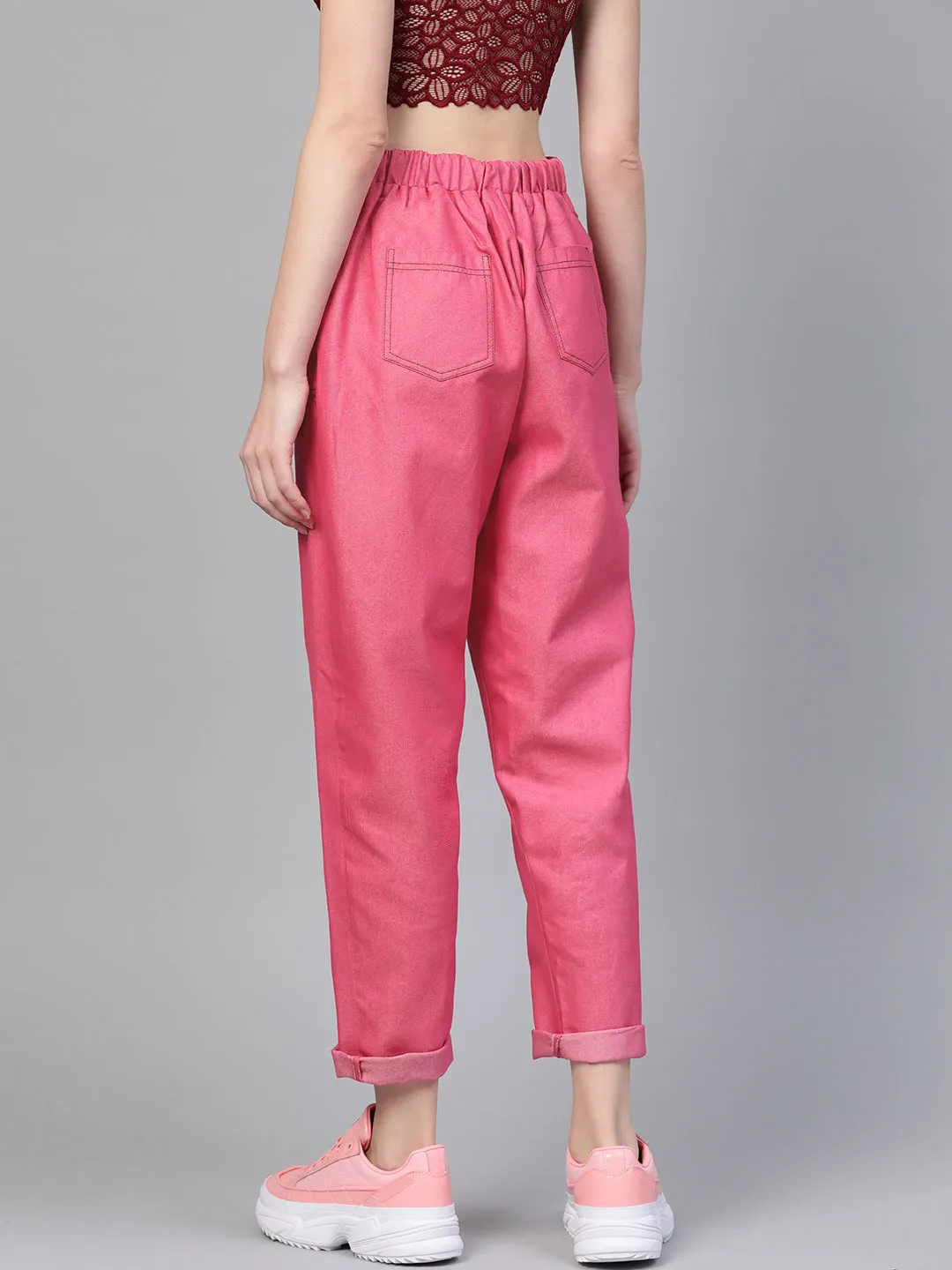 Women Fuchsia Contrast Stitch Twill Tapered Pants
