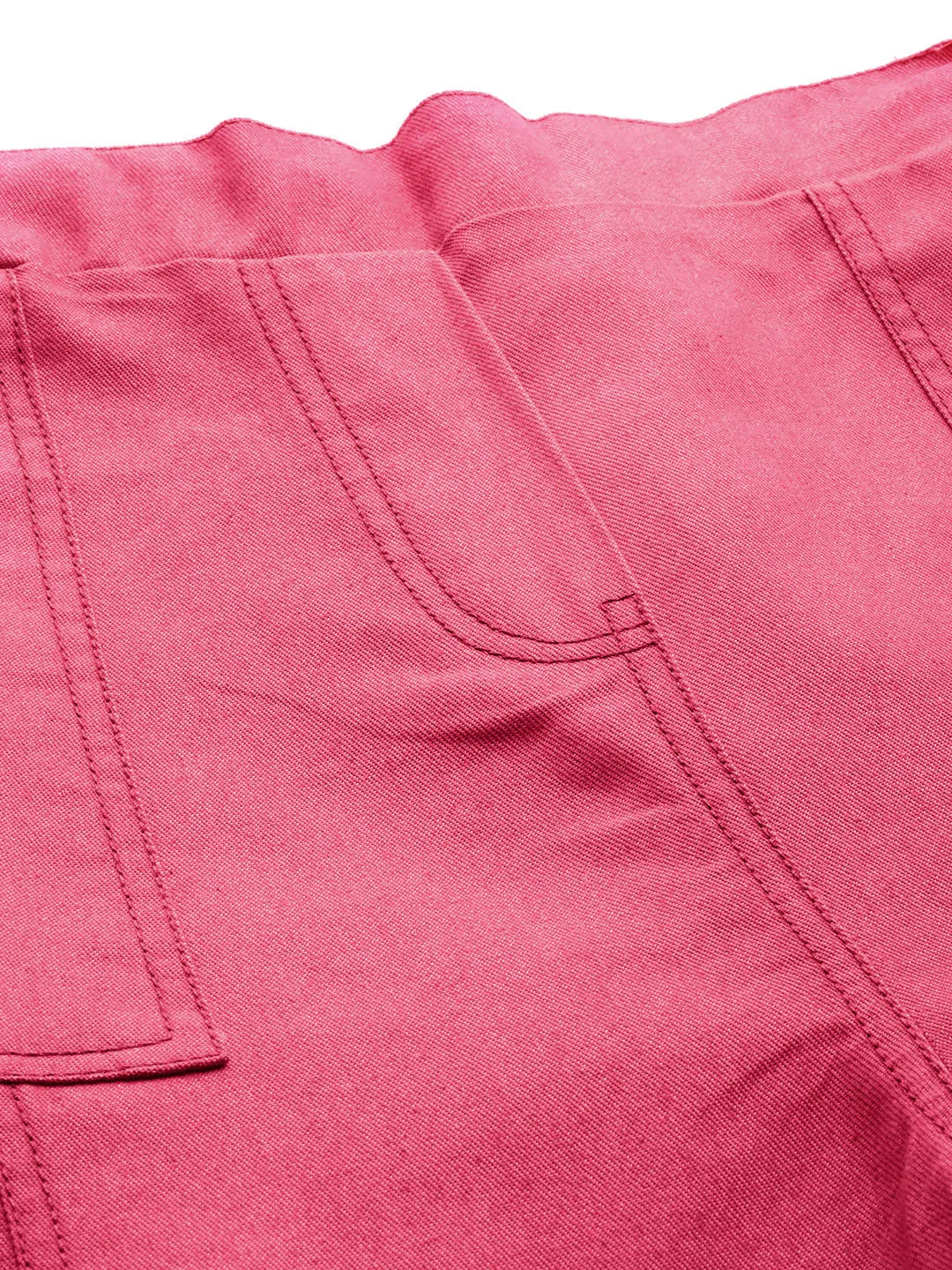 Women Fuchsia Contrast Stitch Twill Tapered Pants