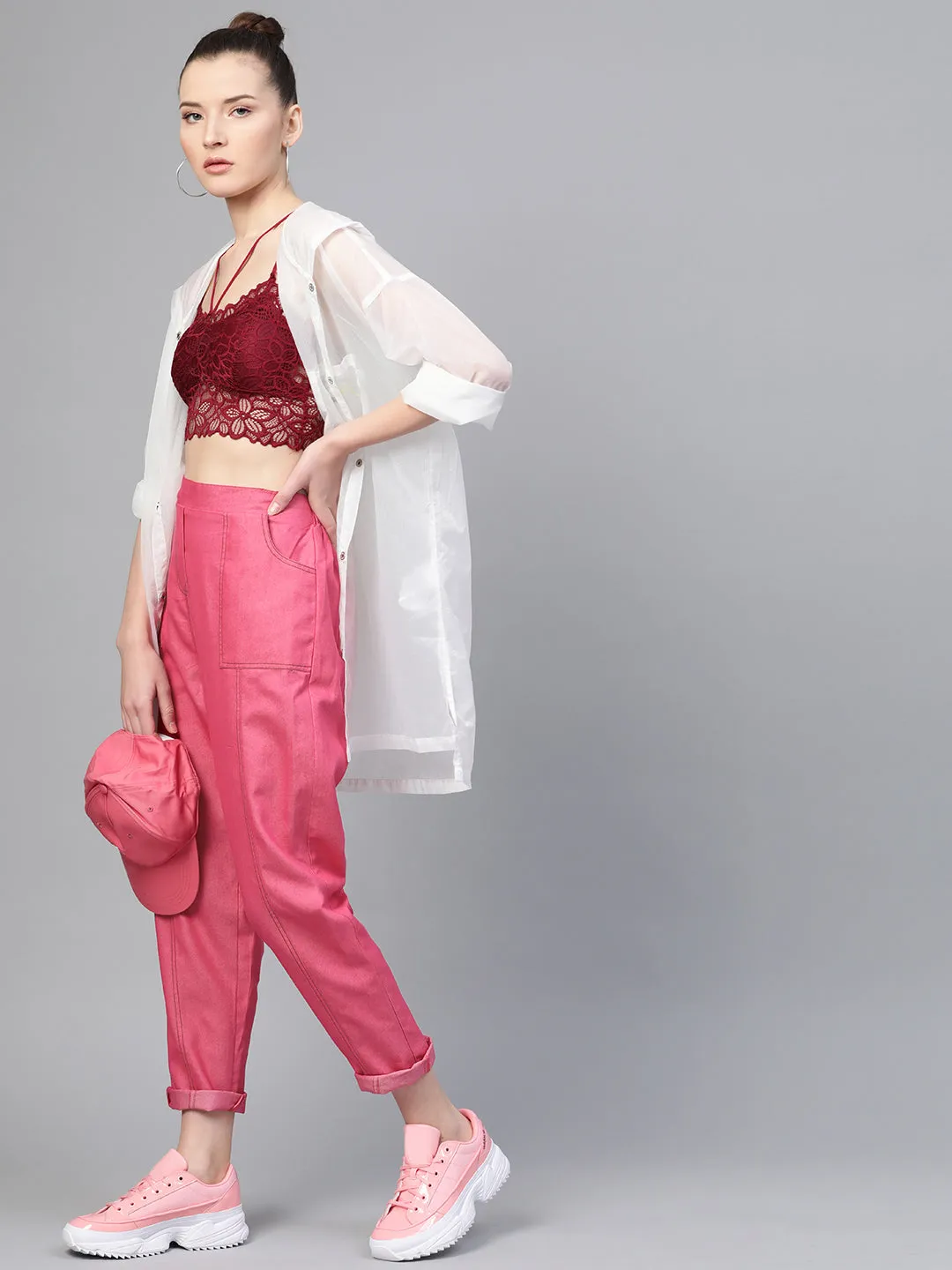 Women Fuchsia Contrast Stitch Twill Tapered Pants