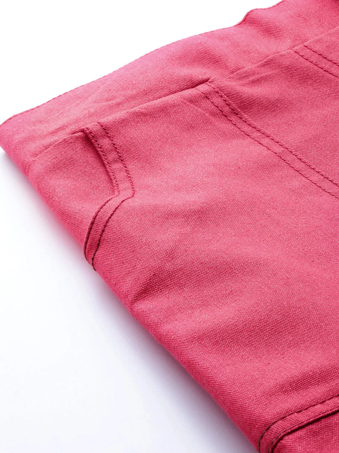 Women Fuchsia Contrast Stitch Twill Tapered Pants