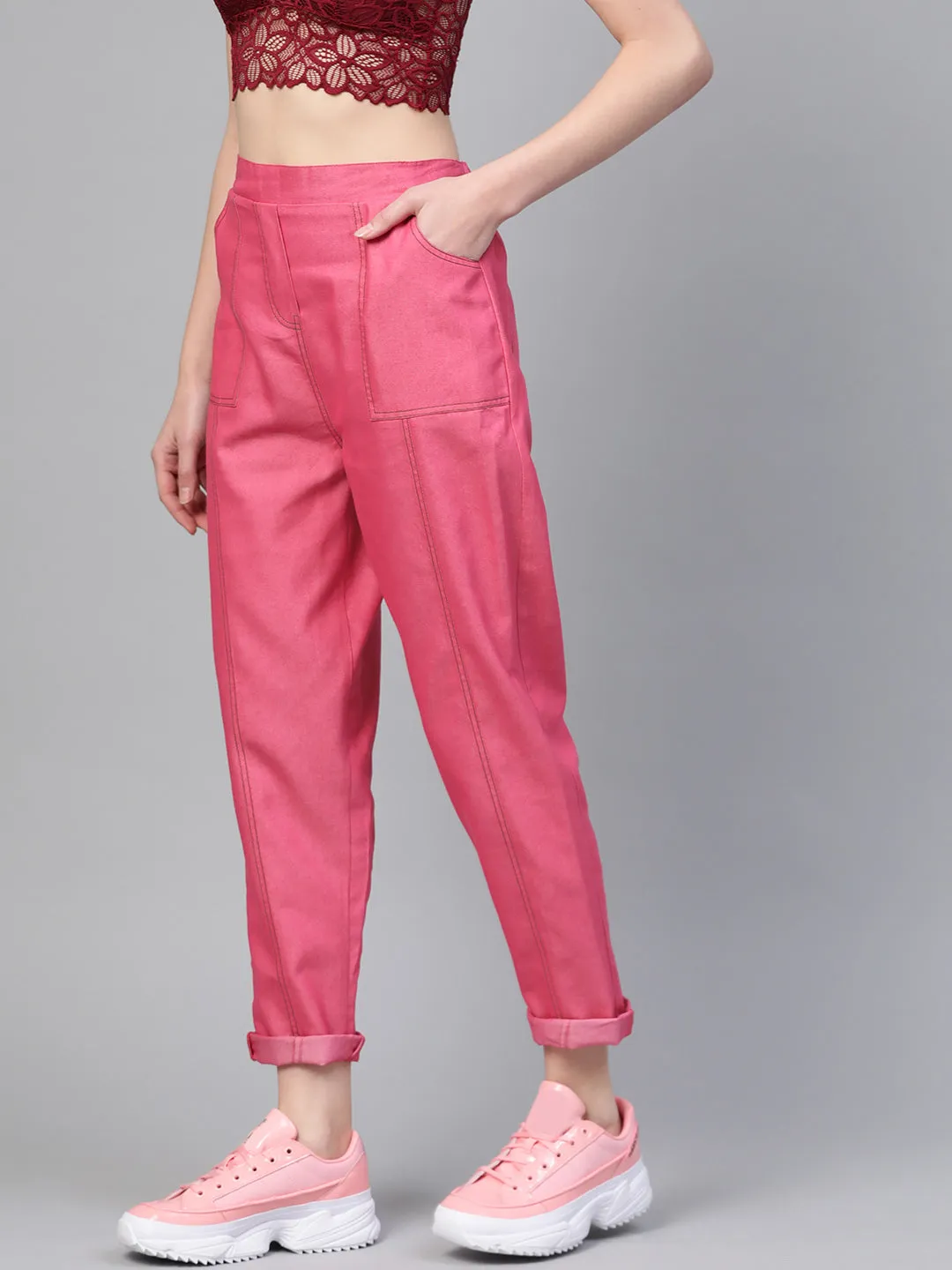 Women Fuchsia Contrast Stitch Twill Tapered Pants