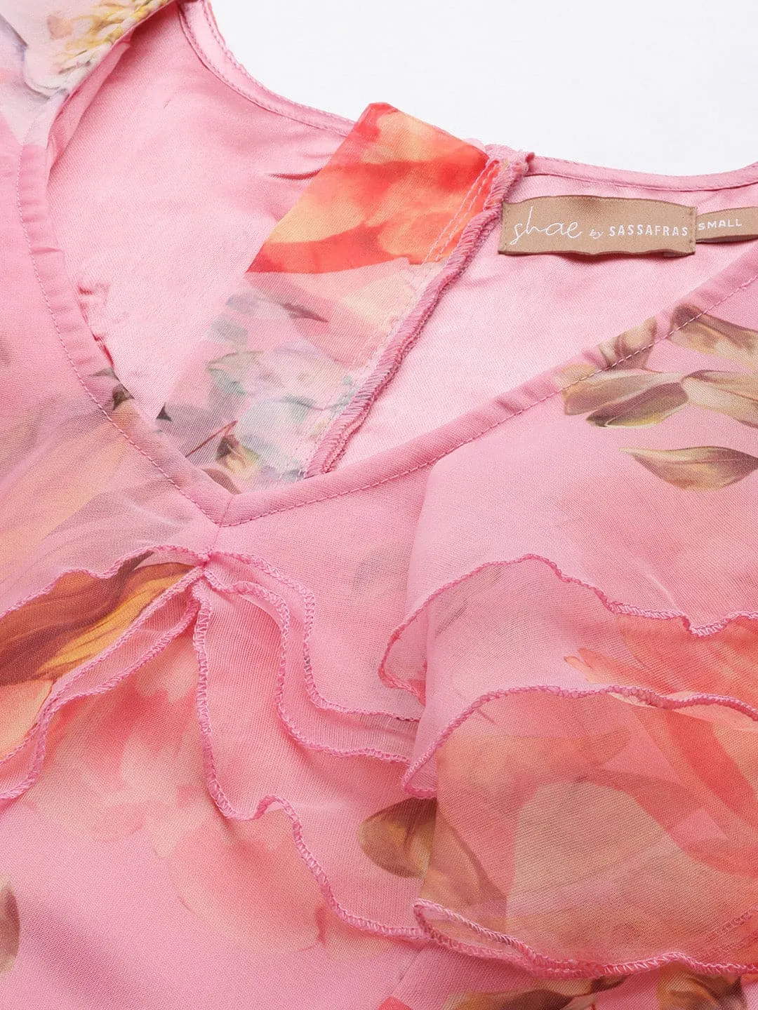 Women Pink Organza Floral Crop Top