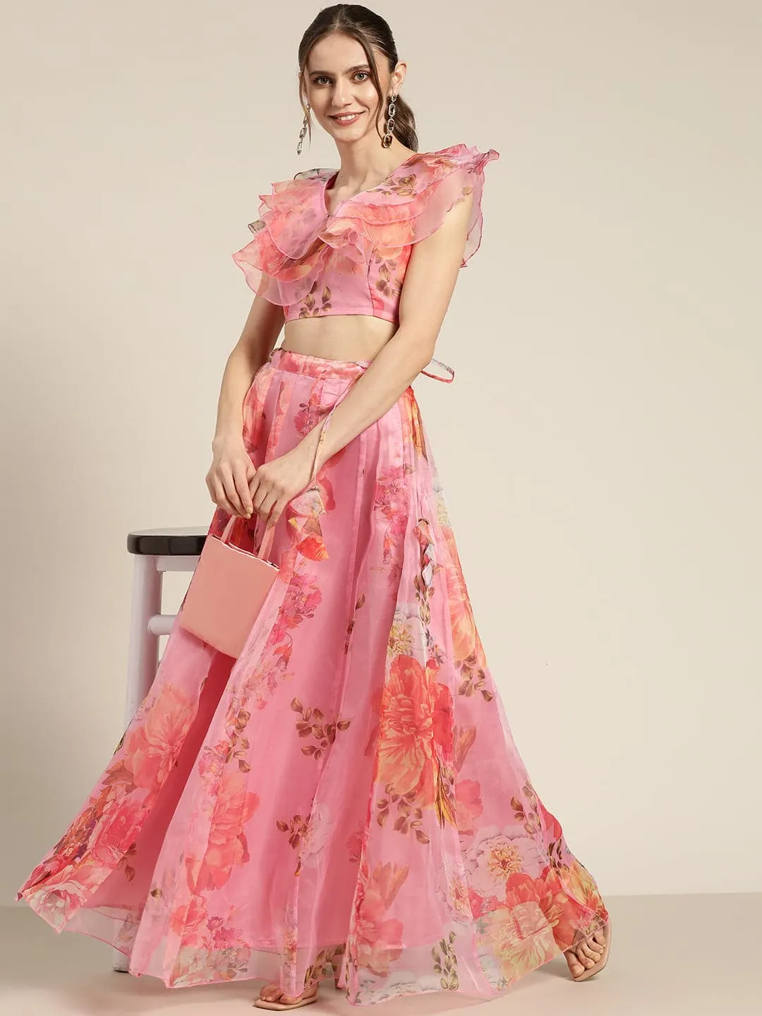 Women Pink Organza Floral Crop Top