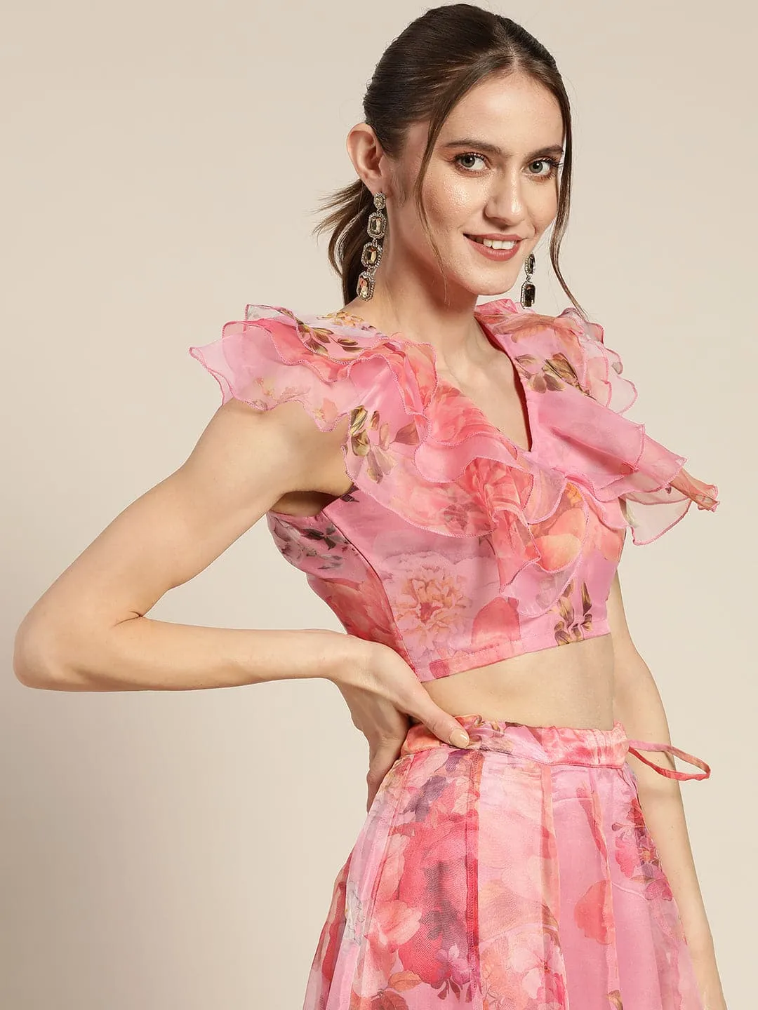 Women Pink Organza Floral Crop Top